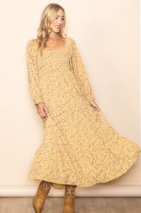 Yellow Floral Smocked Long Sleeve Maxi Dress sold by Pinkblush