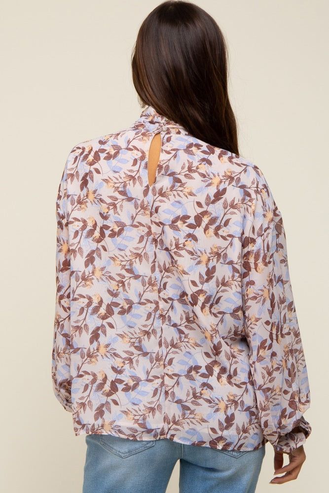 Brown Leaf Print Mock Neck Long Sleeve Maternity Blouse sold by Pinkblush product image thumbnail 3