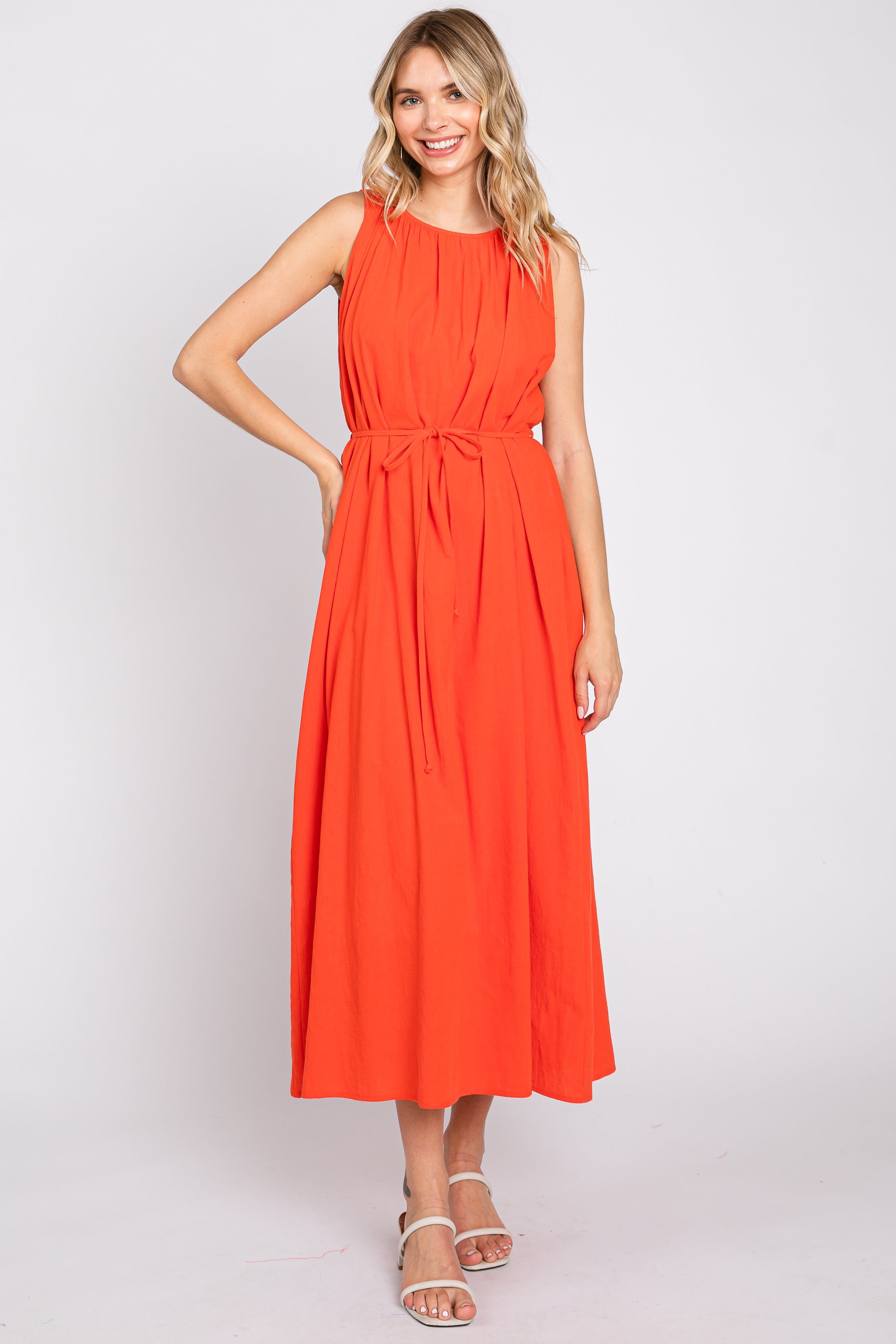 Coral Shirred Waist Tie Maternity Midi Dress sold by Pinkblush product image thumbnail 4