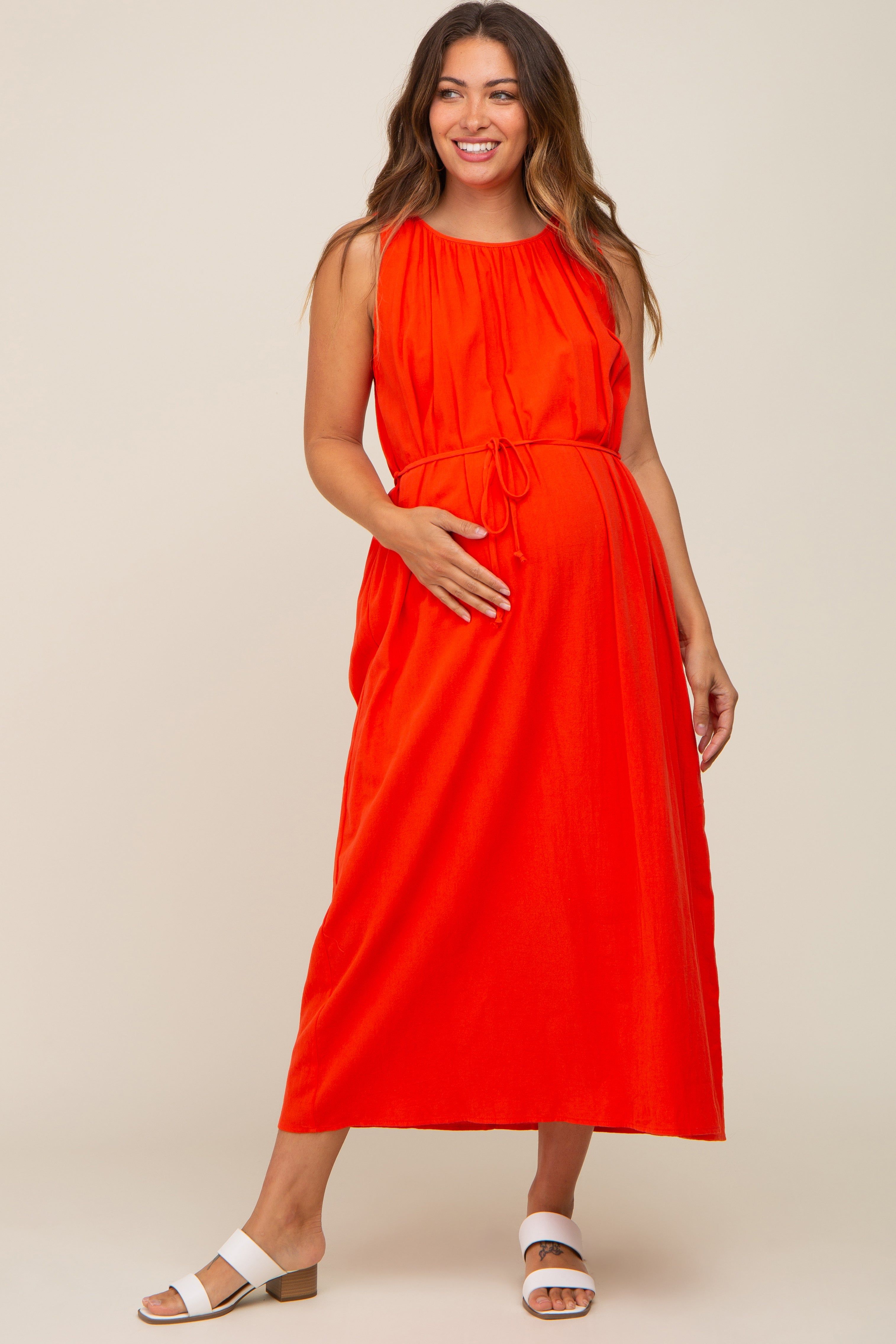 Coral Shirred Waist Tie Maternity Midi Dress sold by Pinkblush