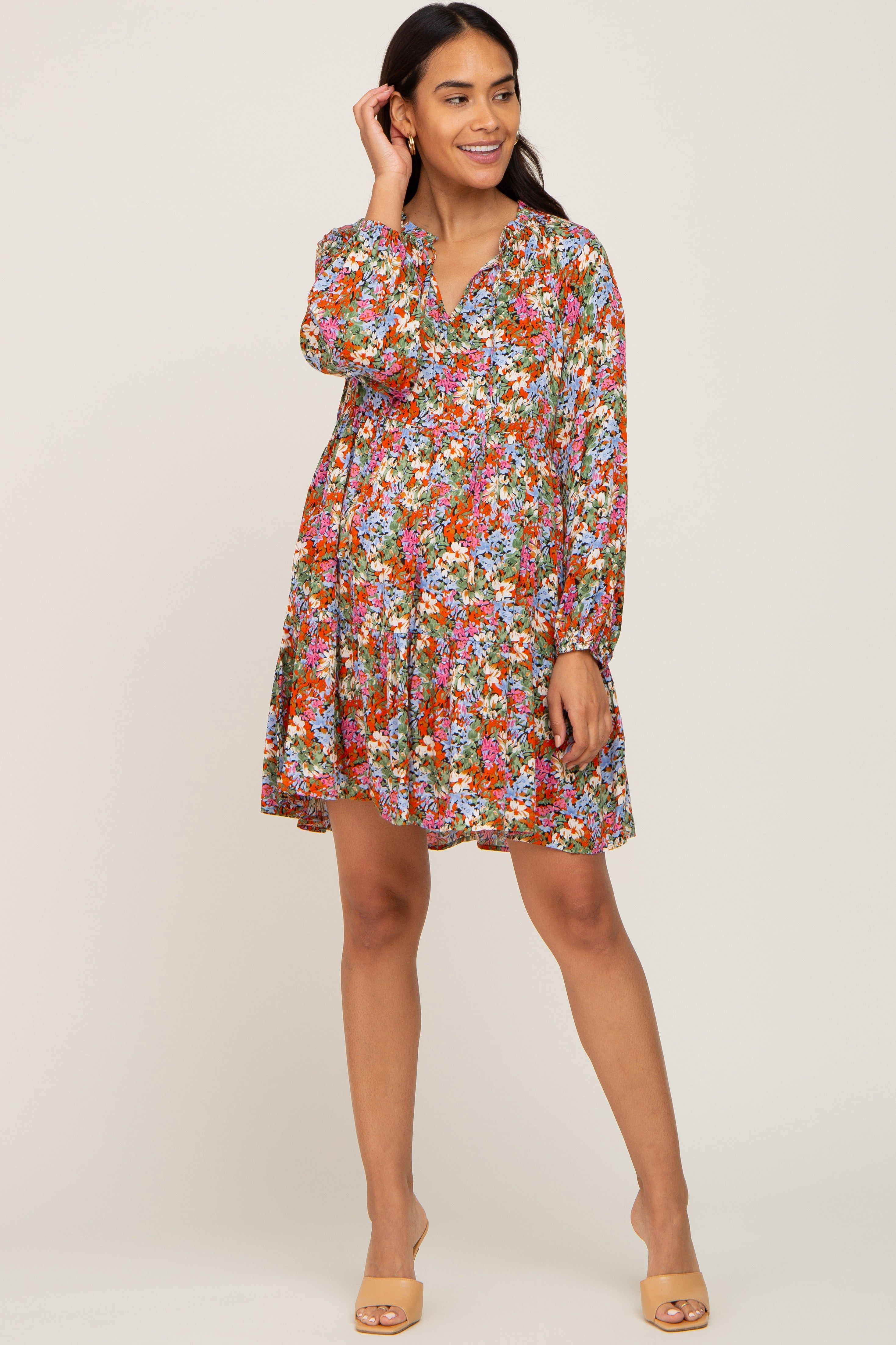 Rust Floral Tiered Maternity Dress sold by Pinkblush