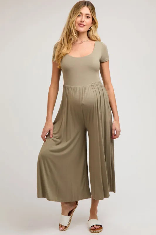 Light Olive Short Sleeve Pocketed Maternity Jumpsuit sold by Pinkblush