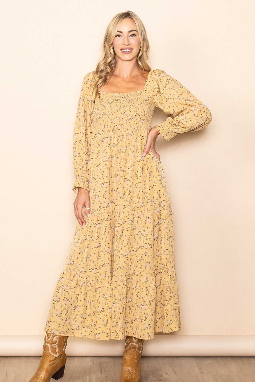 Yellow Floral Smocked Long Sleeve Maxi Dress sold by Pinkblush product image thumbnail 2