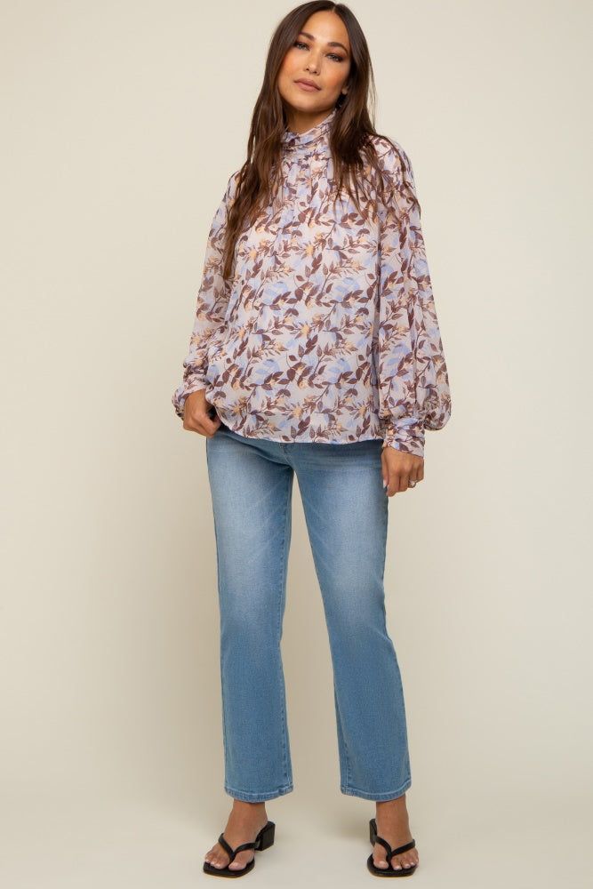 Brown Leaf Print Mock Neck Long Sleeve Maternity Blouse sold by Pinkblush product image thumbnail 4