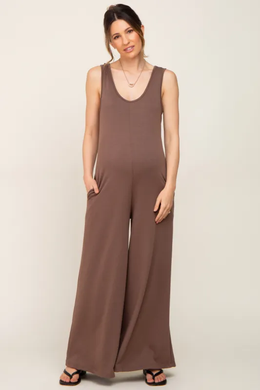 Mocha Wide Leg Sleeveless Maternity Jumpsuit sold by Pinkblush
