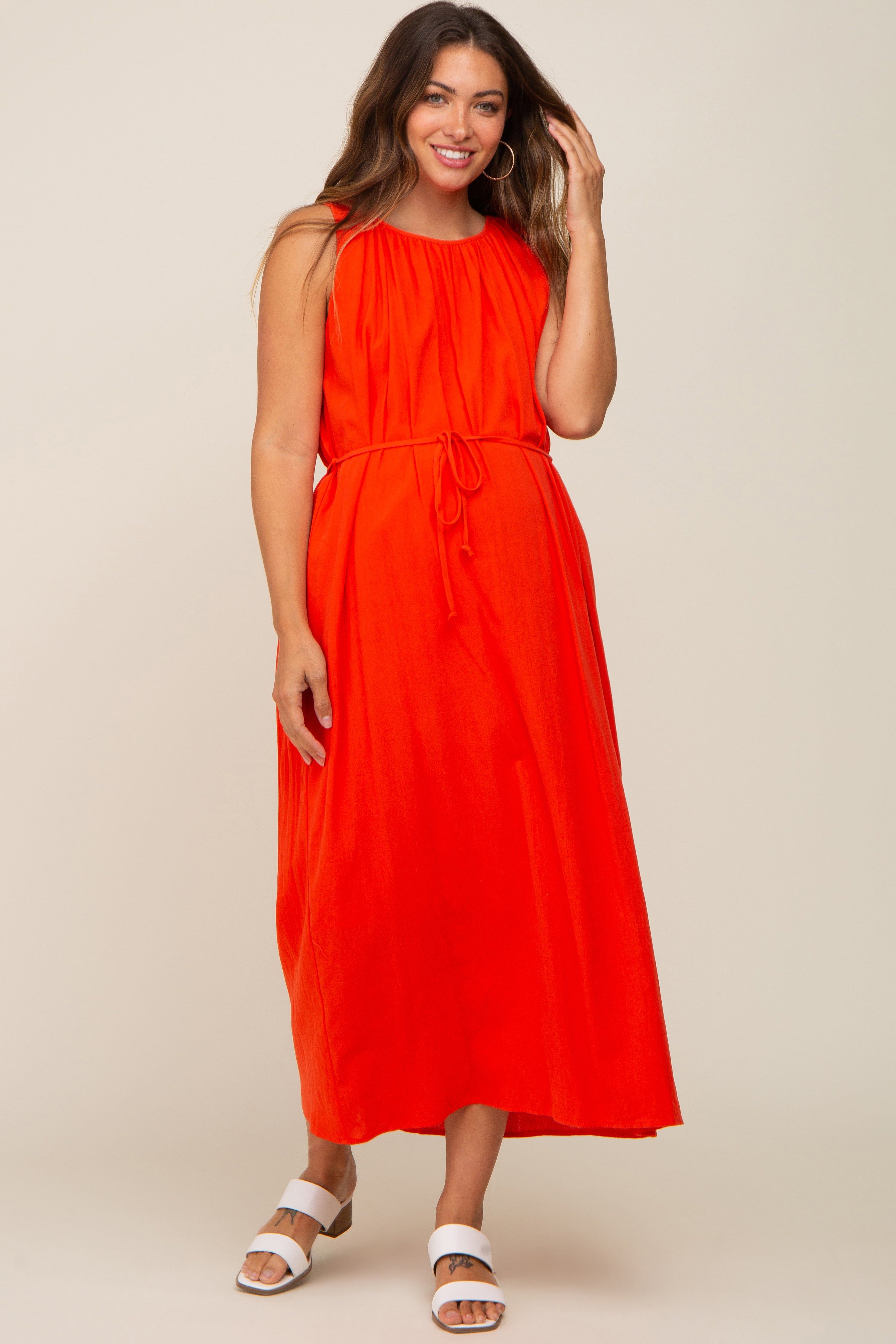Coral Shirred Waist Tie Maternity Midi Dress sold by Pinkblush product image thumbnail 2