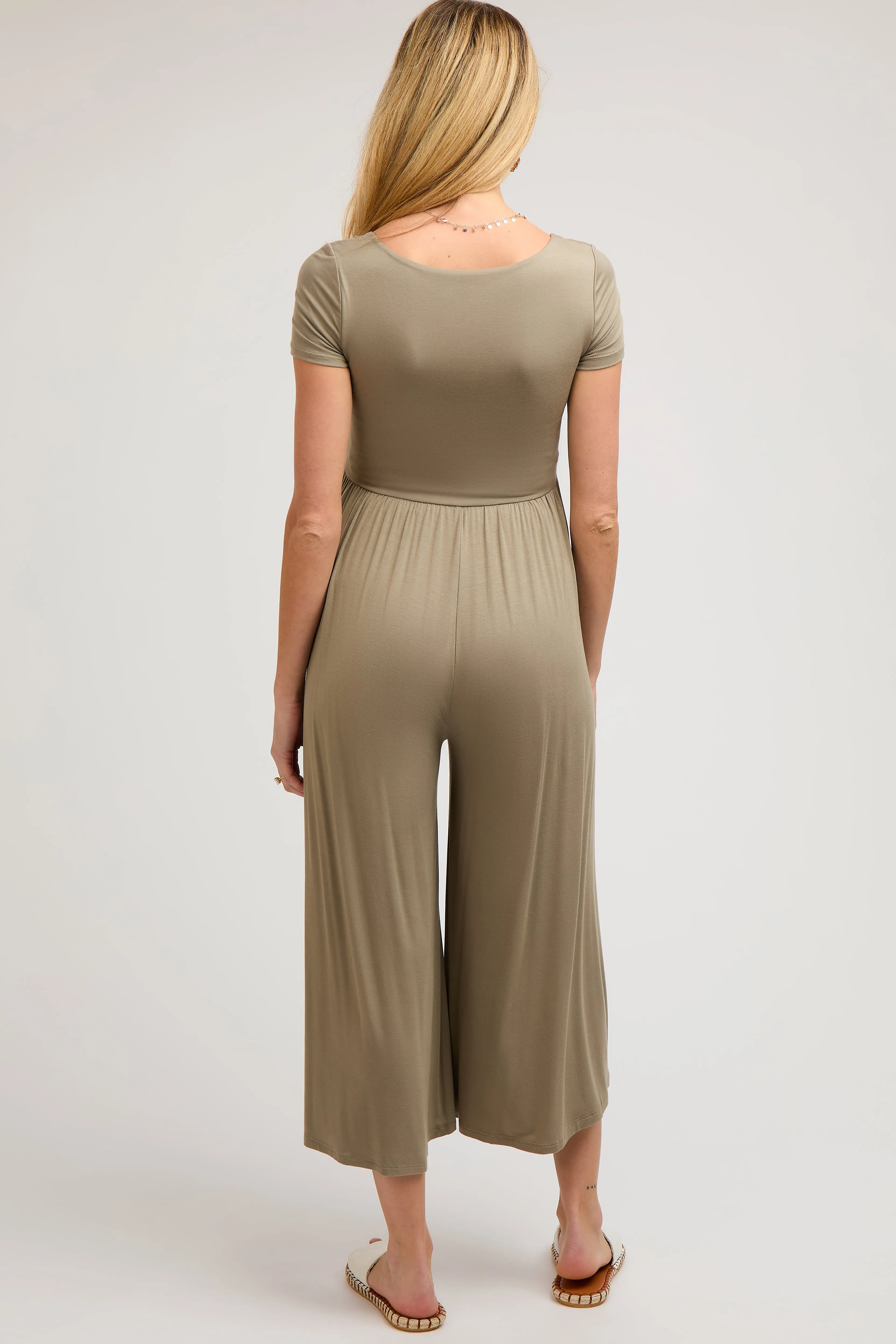 Light Olive Short Sleeve Pocketed Maternity Jumpsuit sold by Pinkblush product image thumbnail 2
