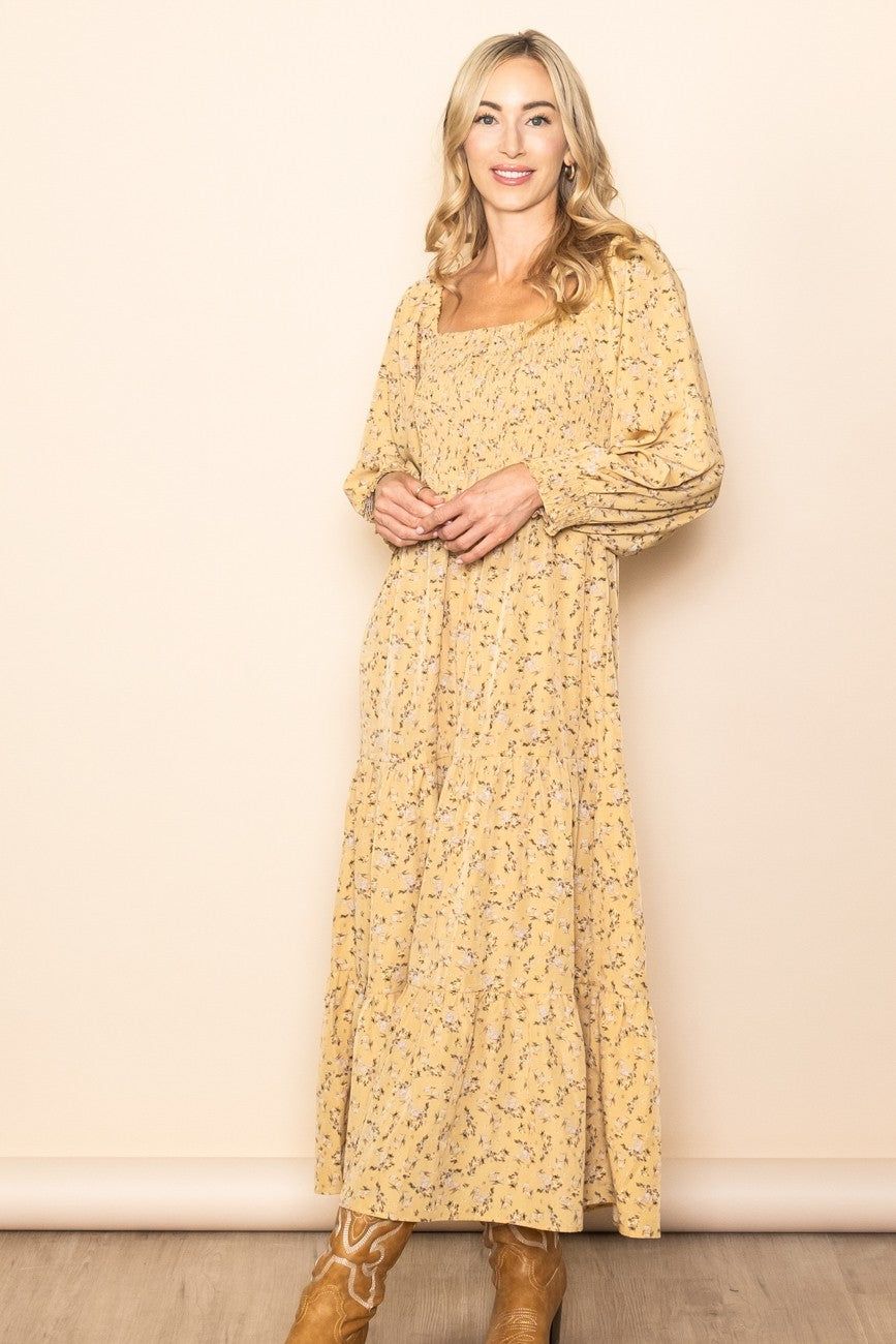 Yellow Floral Smocked Long Sleeve Maxi Dress sold by Pinkblush product image thumbnail 3