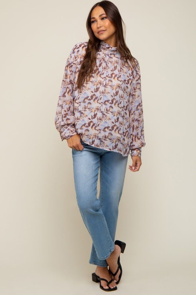 Brown Leaf Print Mock Neck Long Sleeve Maternity Blouse sold by Pinkblush product image thumbnail 5