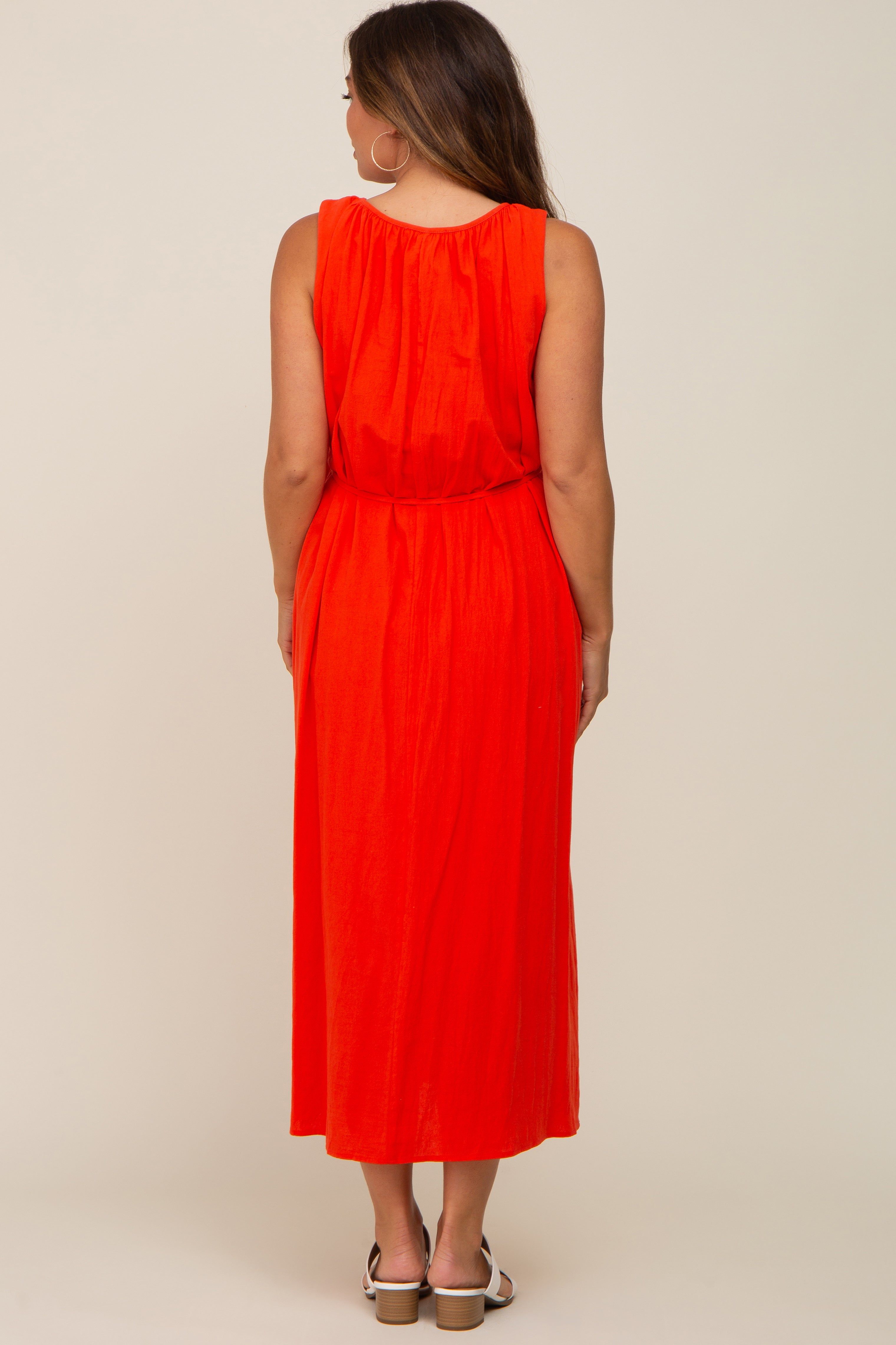 Coral Shirred Waist Tie Maternity Midi Dress sold by Pinkblush product image thumbnail 3