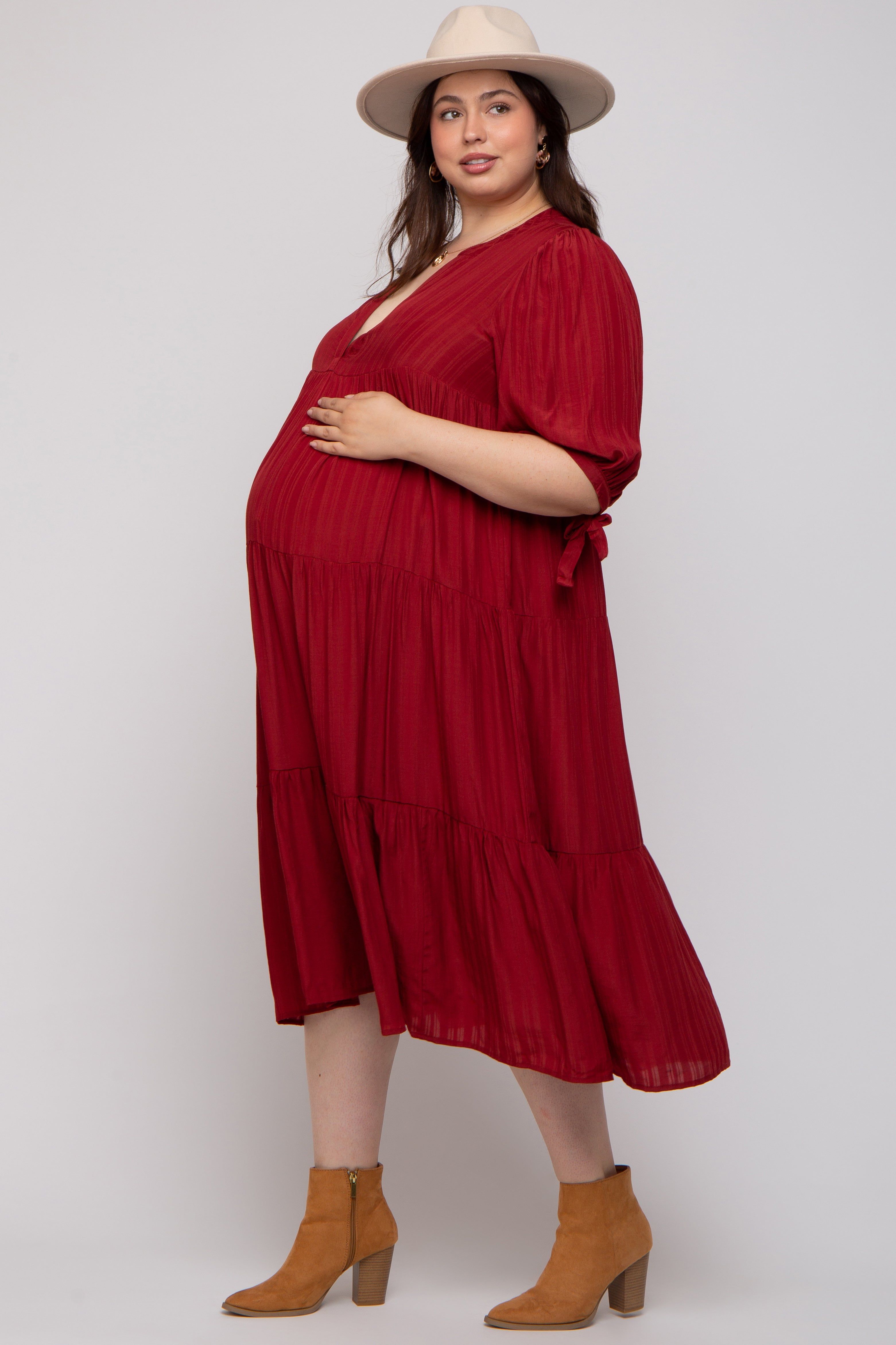 Burgundy Striped Tiered Maternity Plus Midi Dress sold by Pinkblush product image thumbnail 2