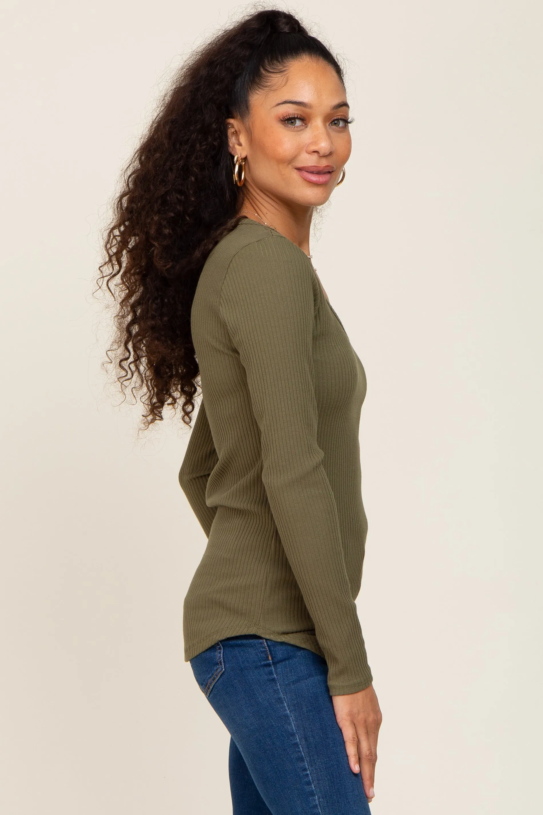 Olive Ribbed Scoop Neck Long Sleeve Top sold by Pinkblush product image thumbnail 2