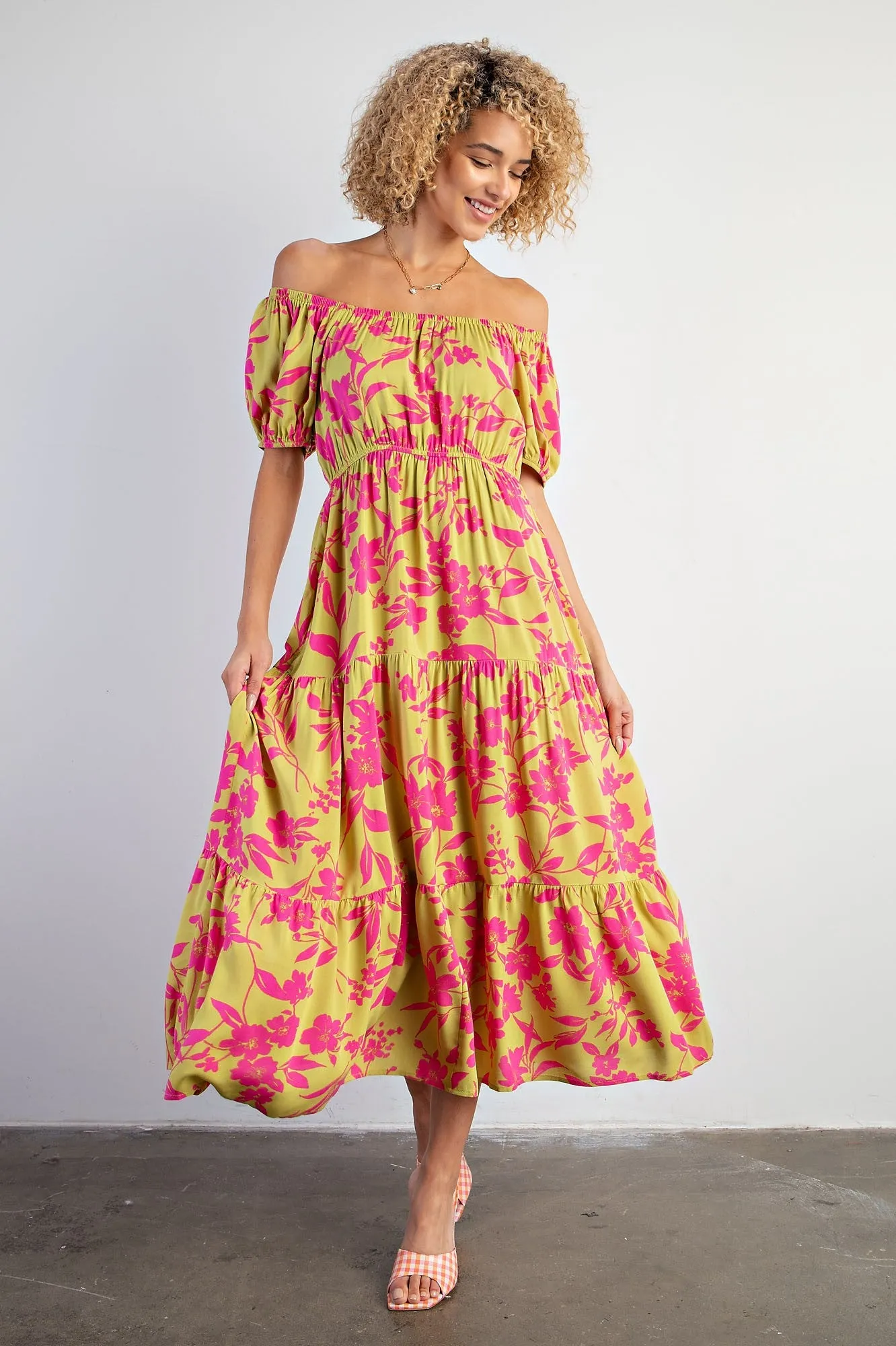 Lime Floral Off Shoulder Puff Sleeve Midi Dress sold by Pinkblush