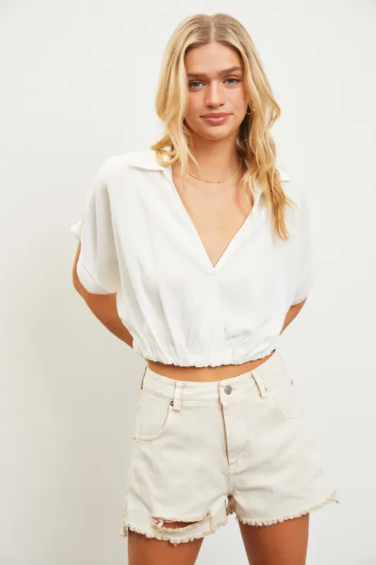 Off White Collared Surplice Crop Top sold by Pinkblush