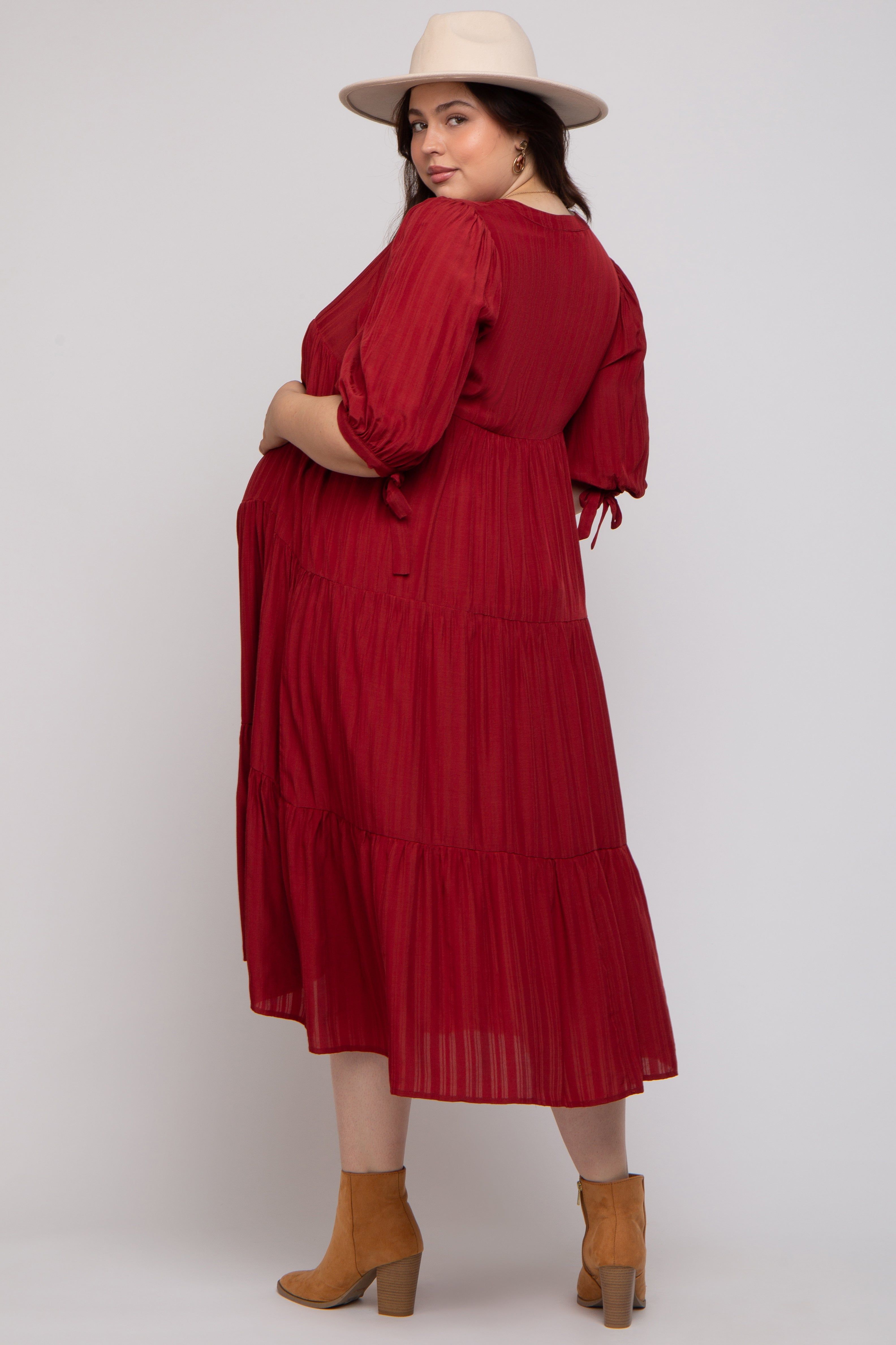 Burgundy Striped Tiered Maternity Plus Midi Dress sold by Pinkblush product image thumbnail 3