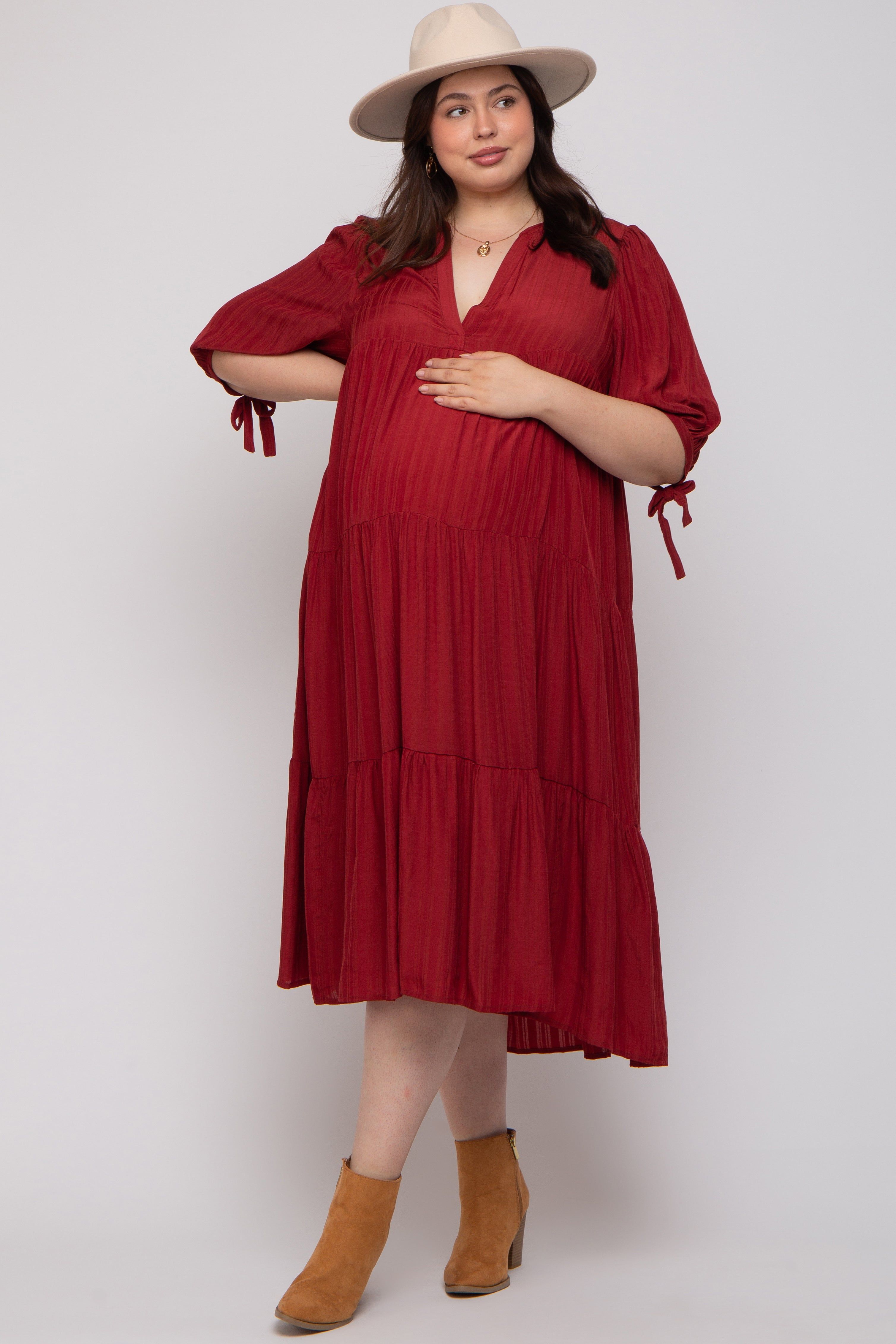 Burgundy Striped Tiered Maternity Plus Midi Dress sold by Pinkblush product image thumbnail 4