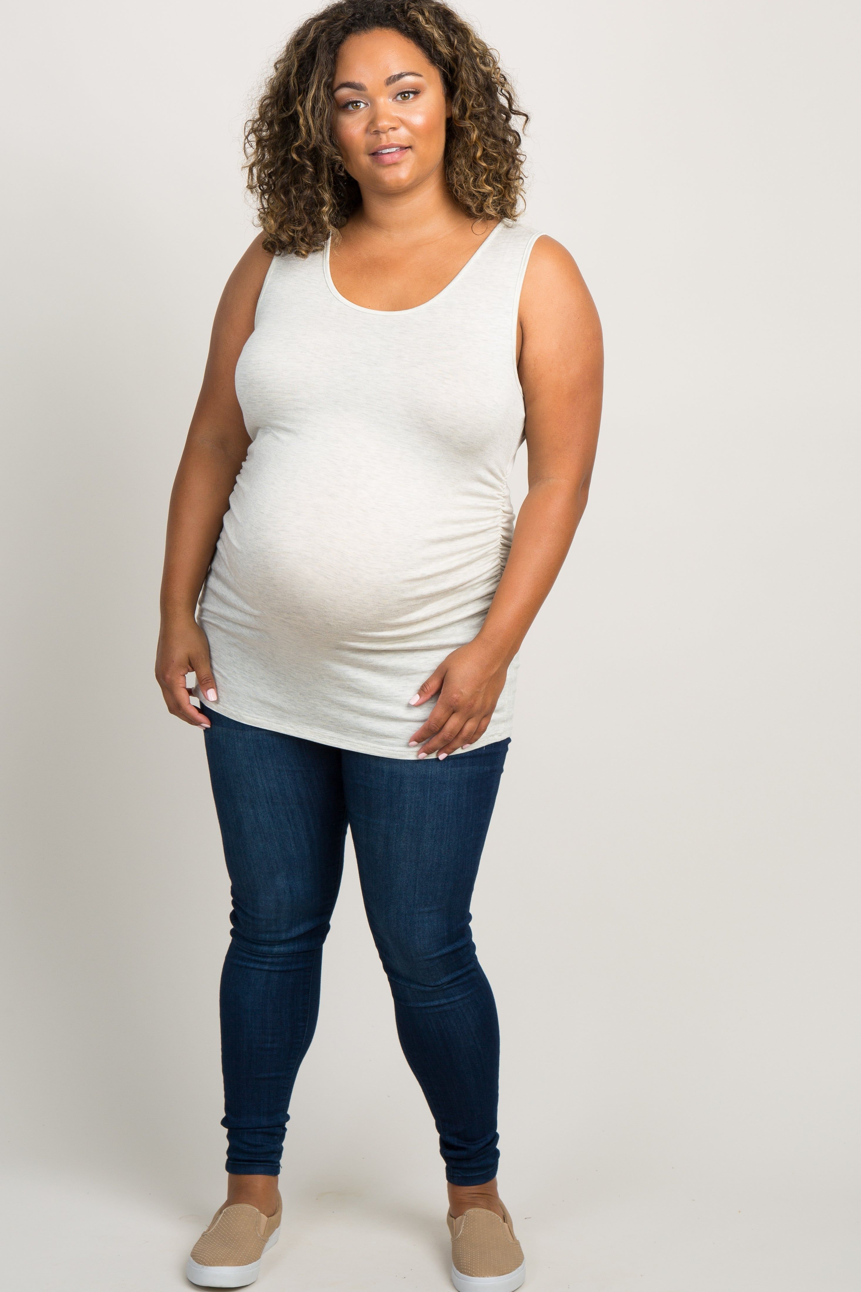 PinkBlush Beige Ruched Fitted Plus Maternity Tank Top sold by Pinkblush product image thumbnail 4