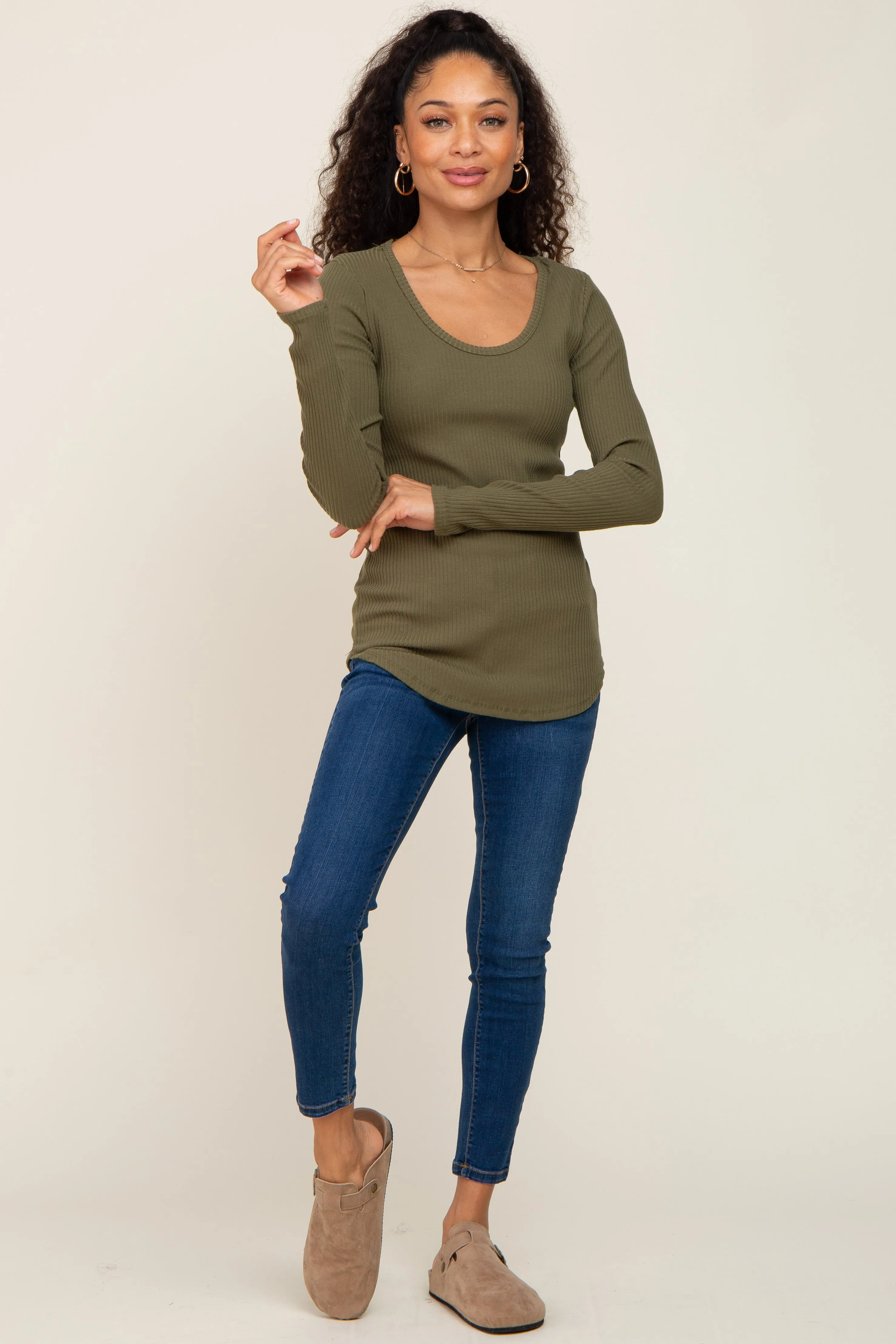 Olive Ribbed Scoop Neck Long Sleeve Top sold by Pinkblush product image thumbnail 4