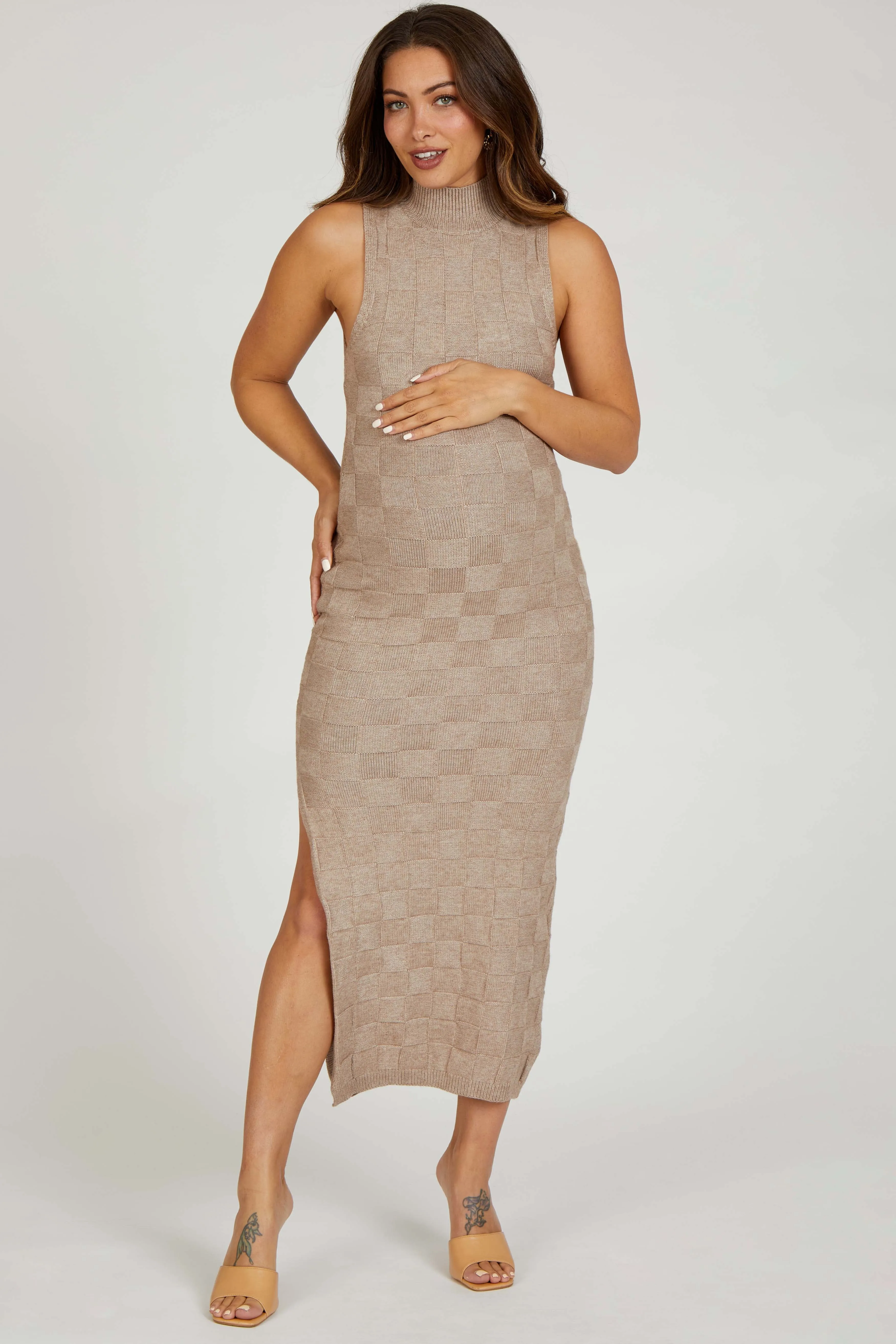 Mocha Checkered Mock Neck Maternity Maxi Dress sold by Pinkblush