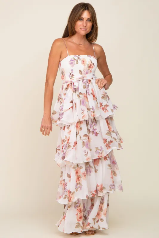 Lavender Floral Smocked Ruffle Tiered Maxi Dress sold by Pinkblush