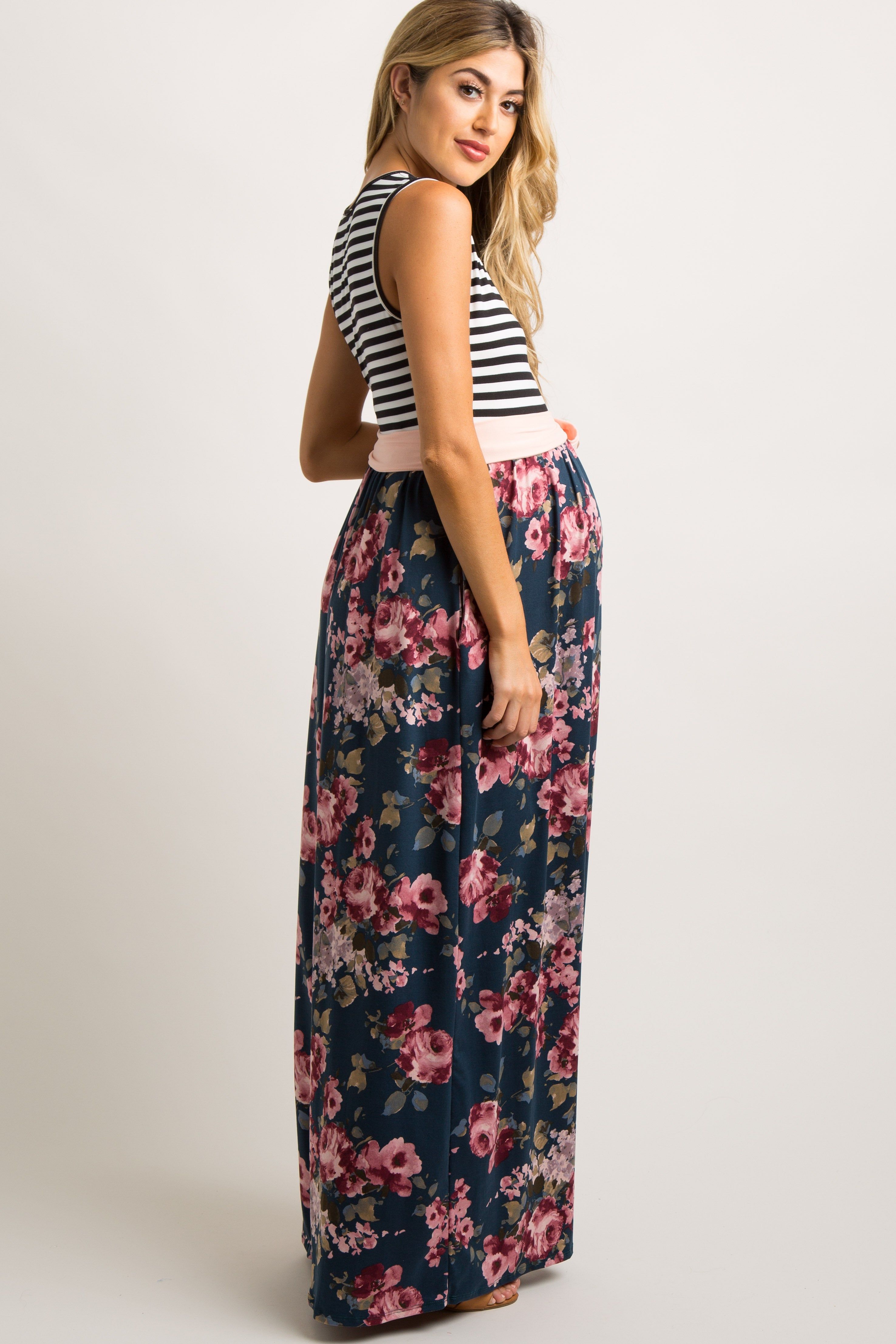 Teal Floral Striped Sash Tie Maternity Maxi Dress sold by Pinkblush product image thumbnail 2