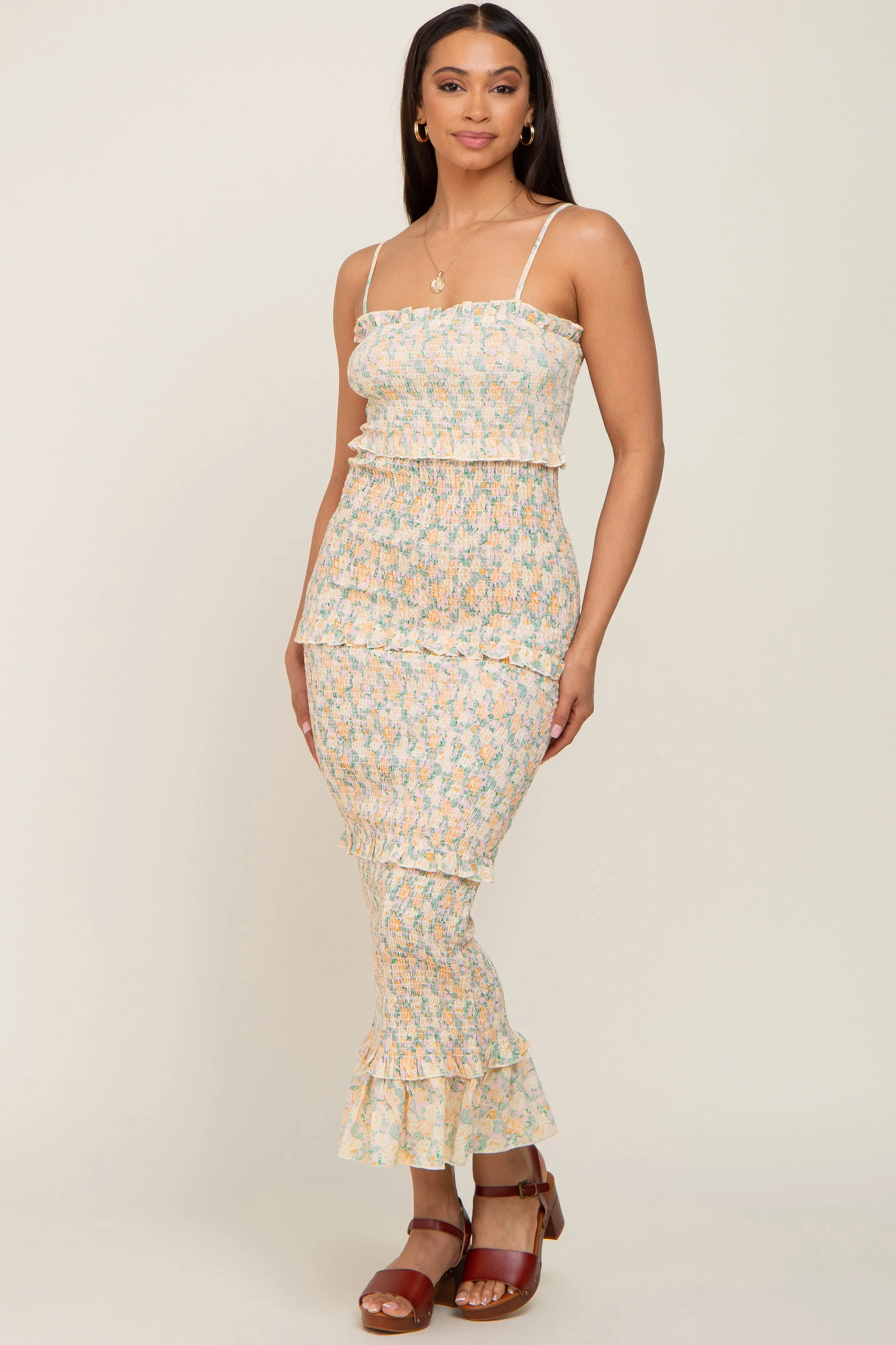 Pink Floral Chiffon Smocked Tiered Square Neck Midi Dress sold by Pinkblush