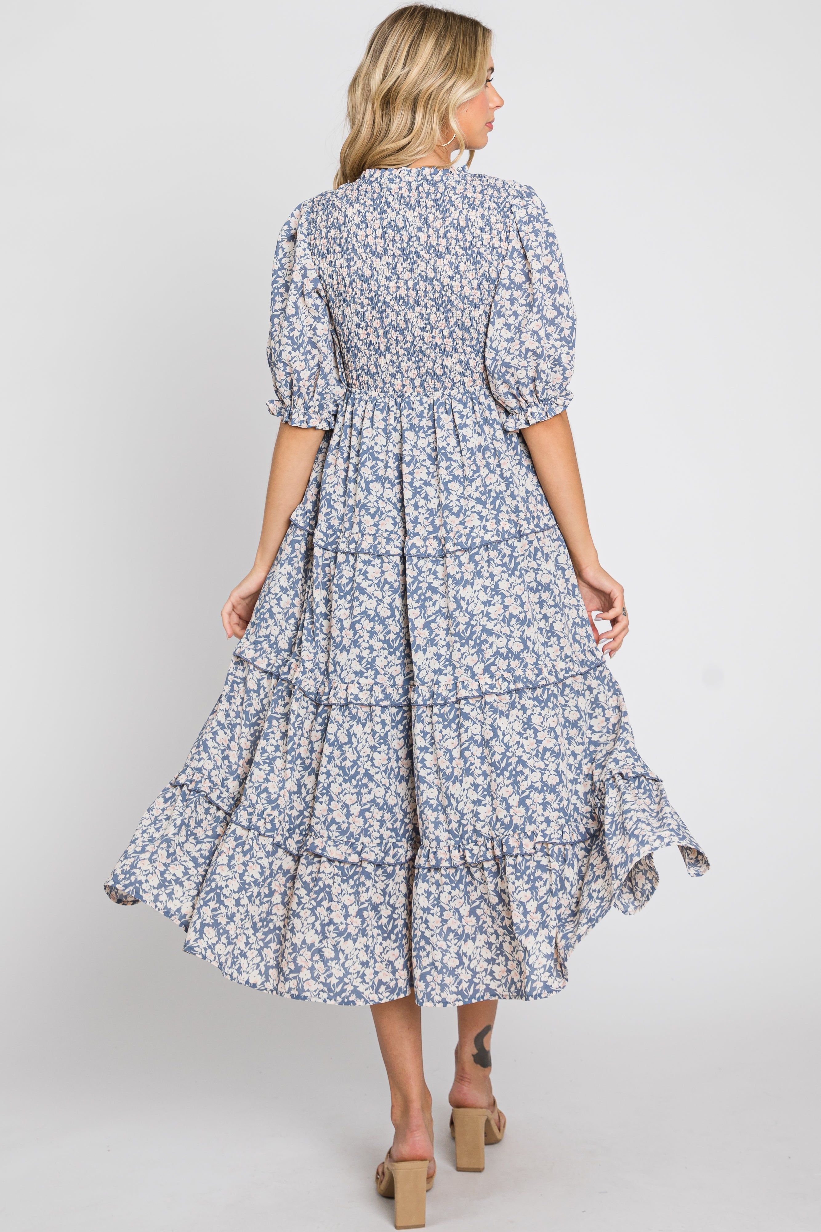Blue Floral Smocked Tiered Midi Dress sold by Pinkblush product image thumbnail 3