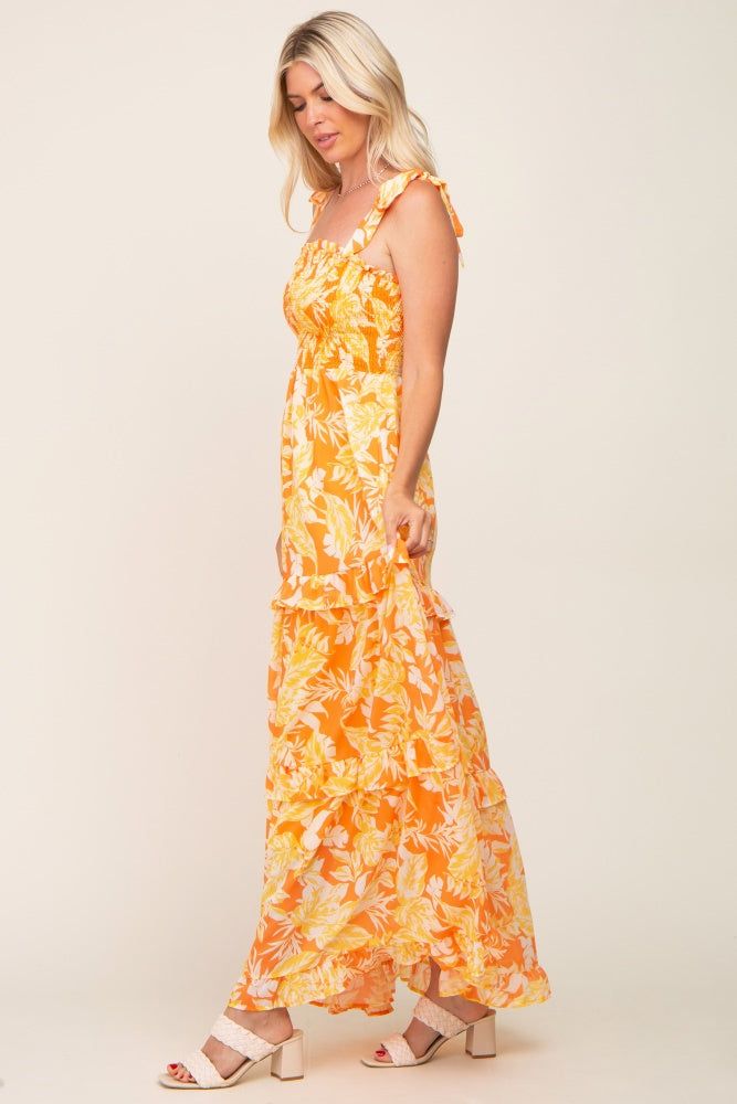 Yellow Leaf Print Shoulder Tie Tiered Dress sold by Pinkblush product image thumbnail 2