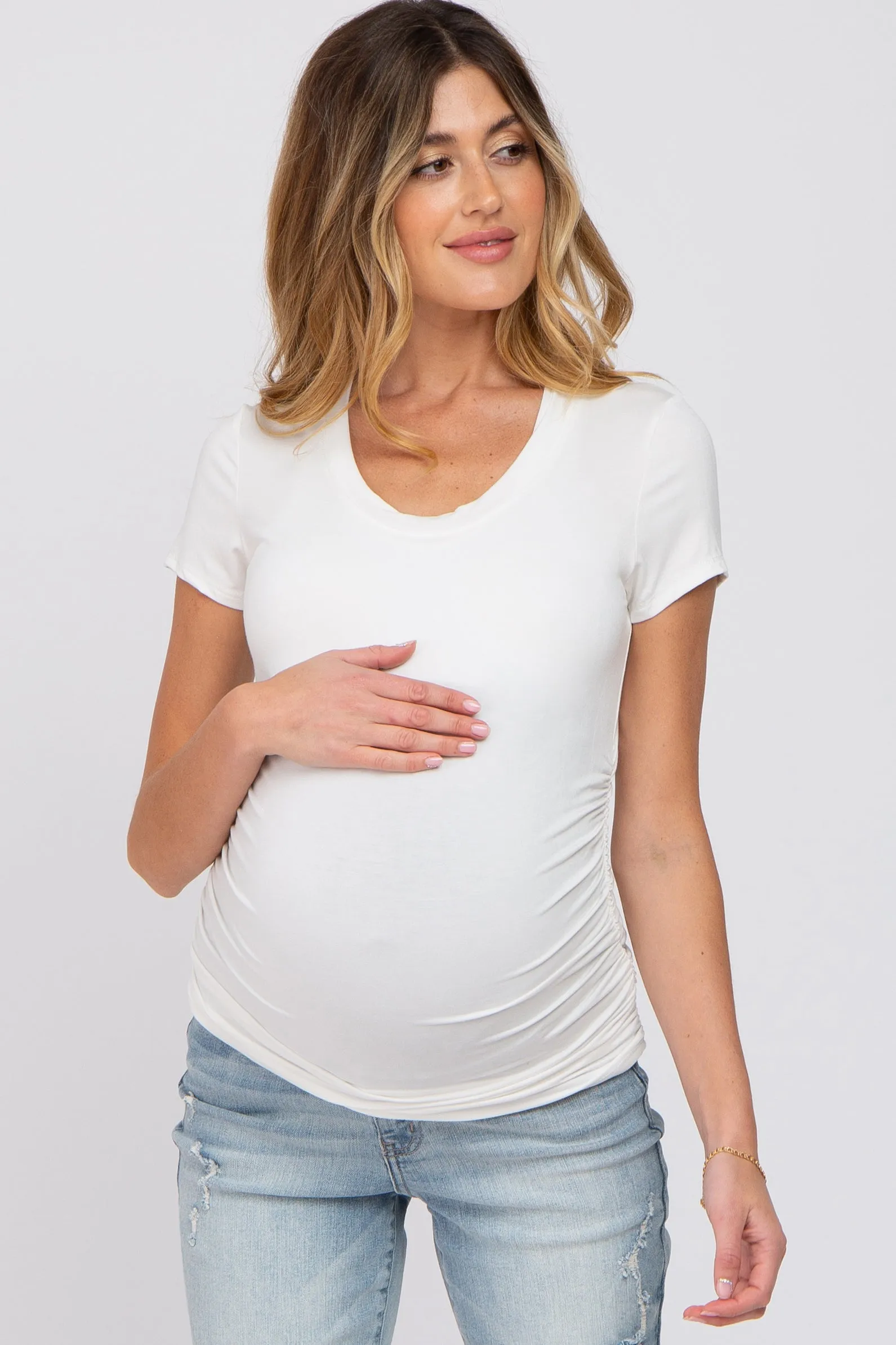 White Basic Short Sleeve Maternity Fitted Top sold by Pinkblush