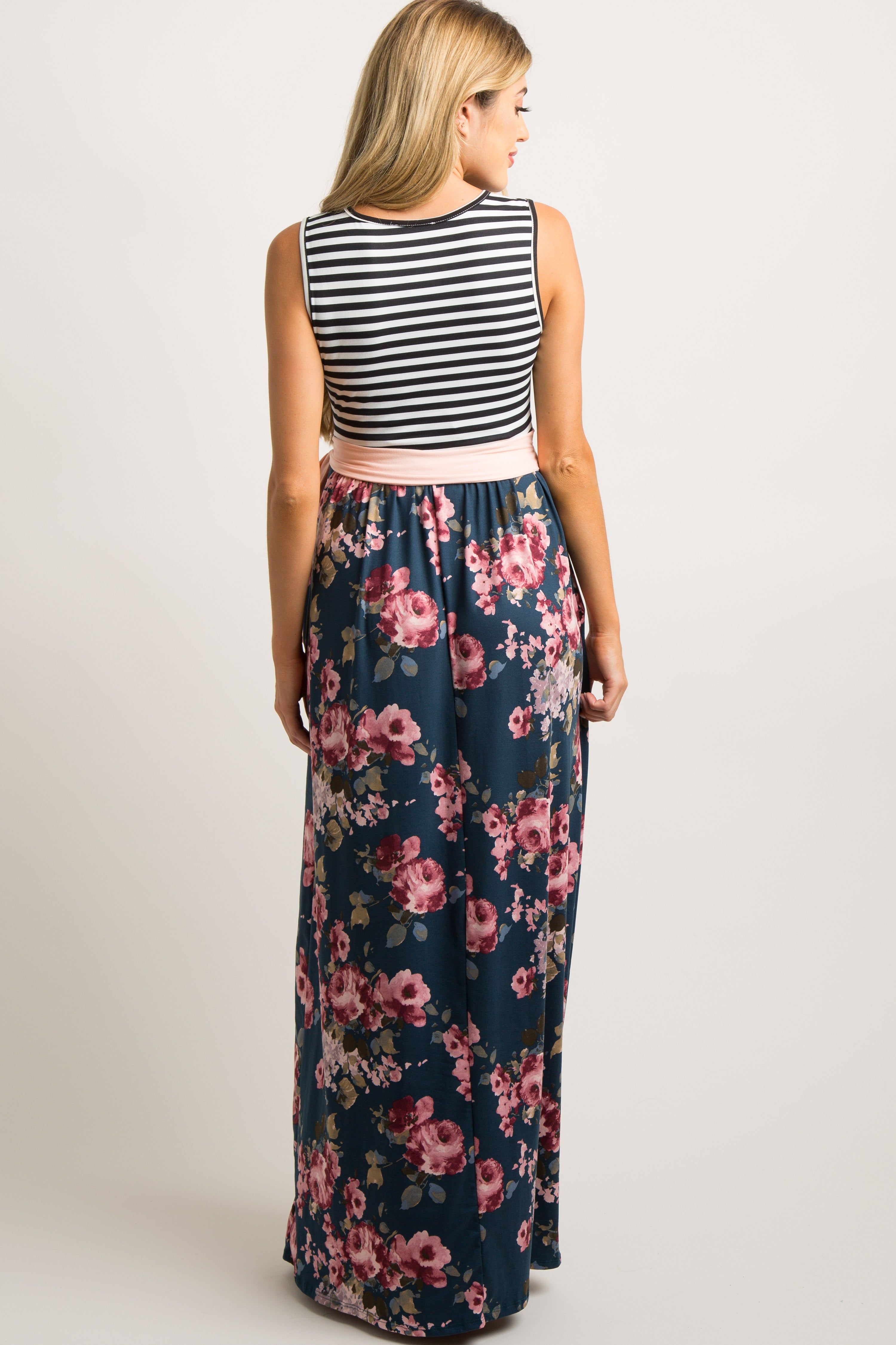 Teal Floral Striped Sash Tie Maternity Maxi Dress sold by Pinkblush product image thumbnail 3