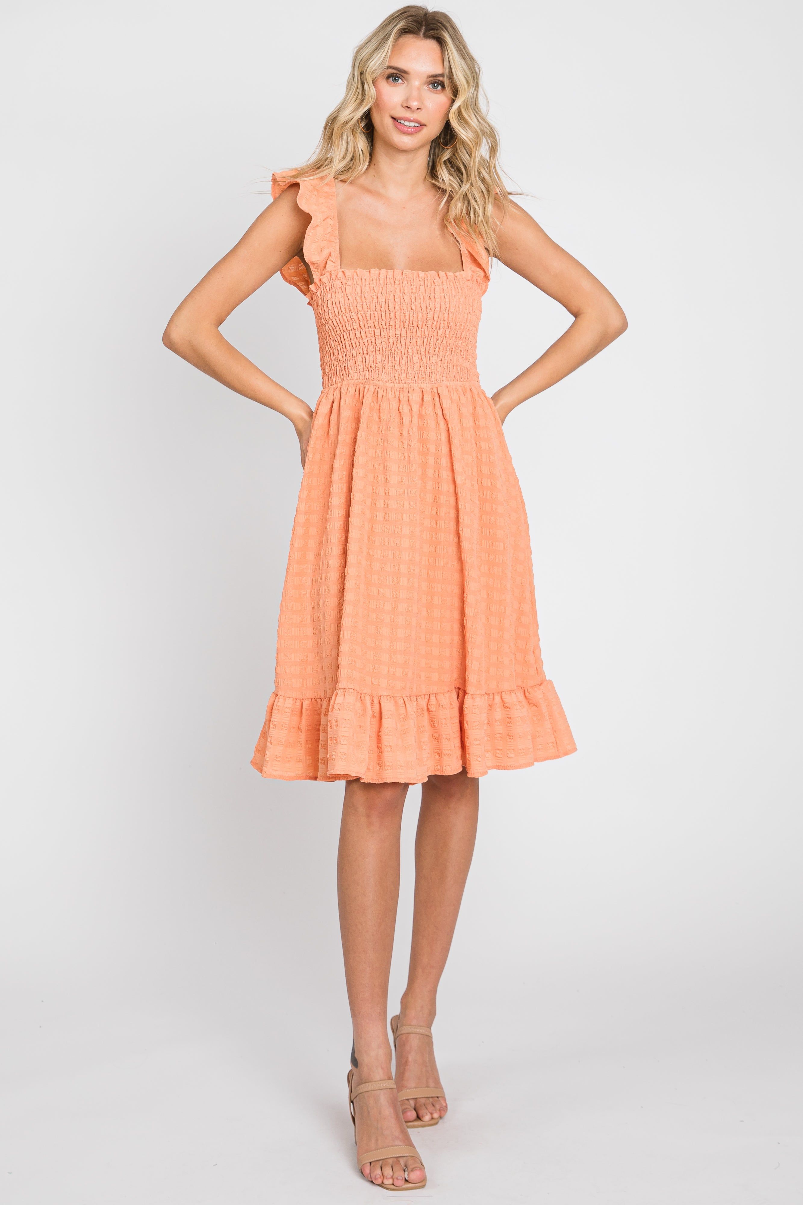 Peach Textured Sleeveless Smocked Dress sold by Pinkblush product image thumbnail 4
