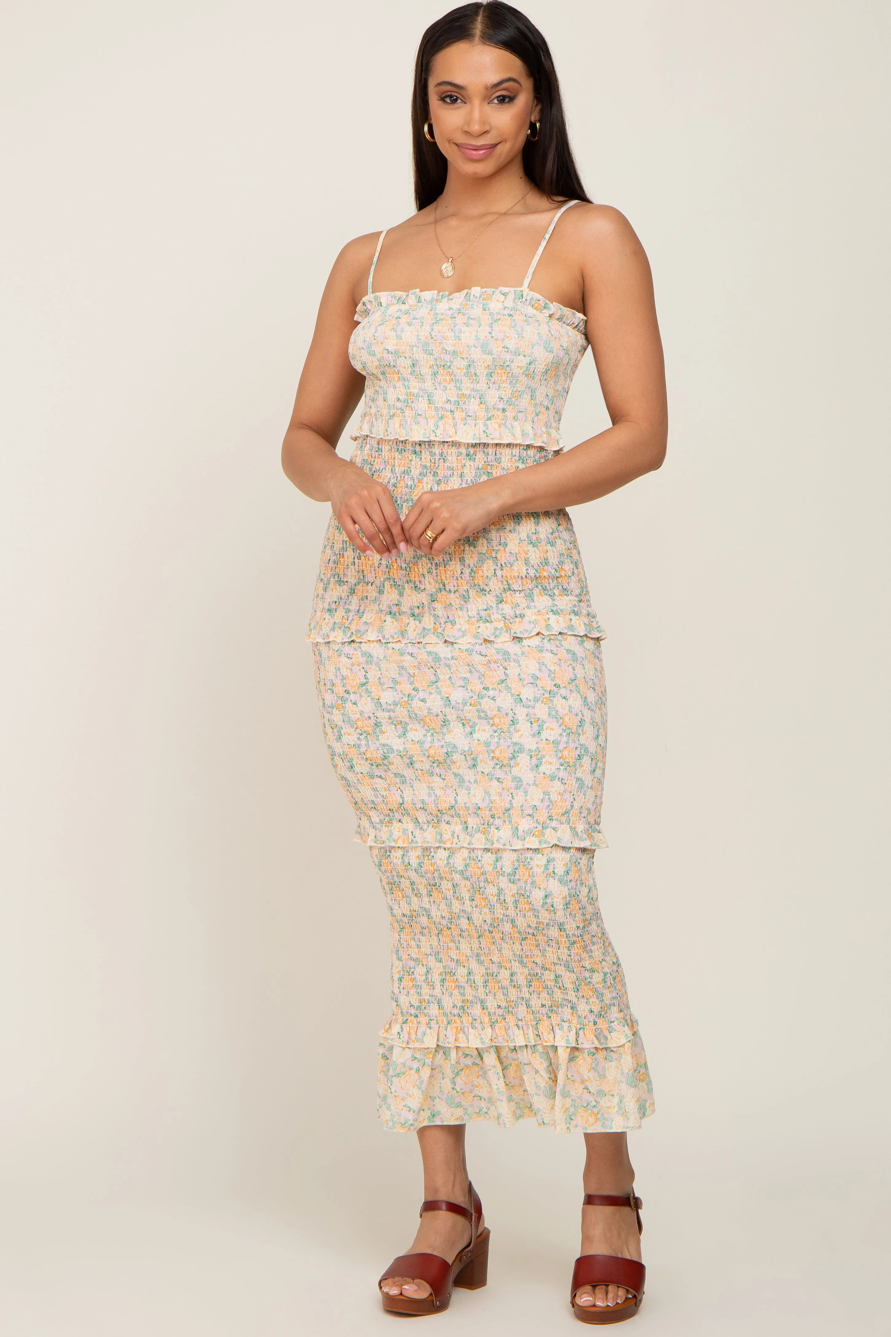 Pink Floral Chiffon Smocked Tiered Square Neck Midi Dress sold by Pinkblush product image thumbnail 5