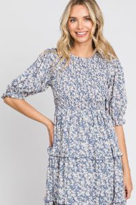 Blue Floral Smocked Tiered Midi Dress sold by Pinkblush