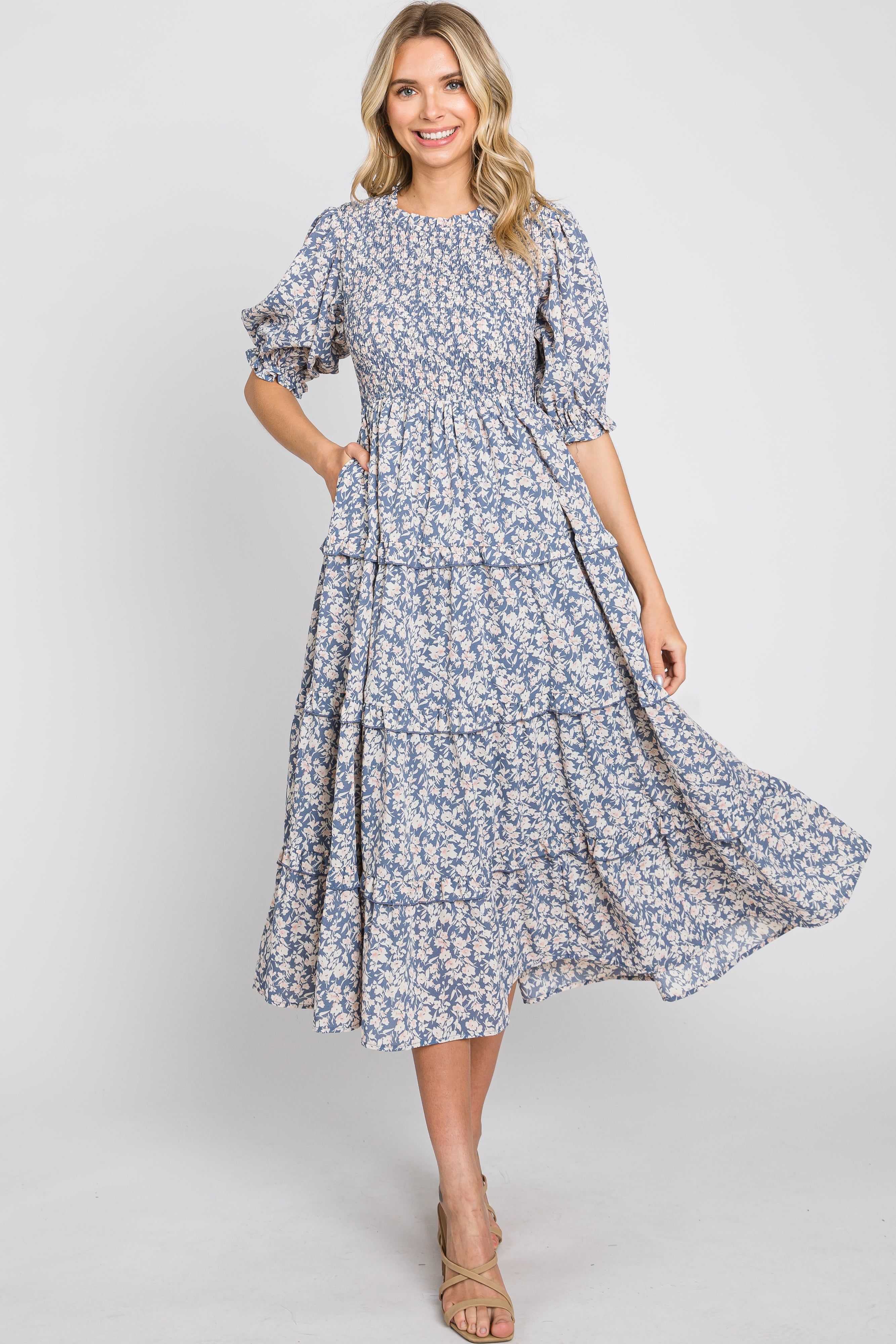 Blue Floral Smocked Tiered Midi Dress sold by Pinkblush