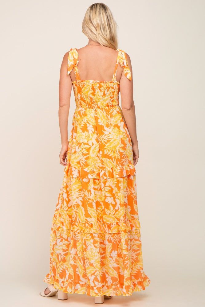 Yellow Leaf Print Shoulder Tie Tiered Dress sold by Pinkblush product image thumbnail 3