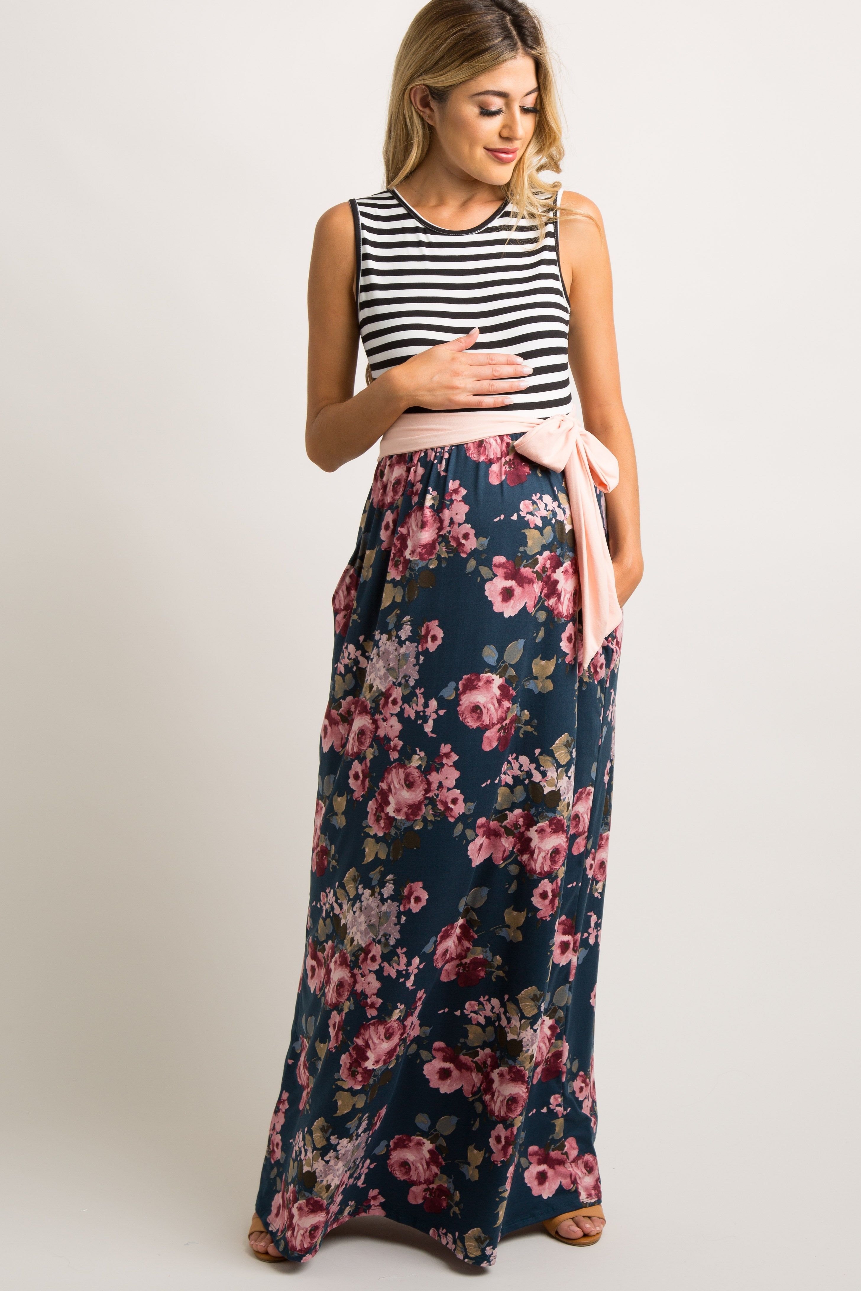Teal Floral Striped Sash Tie Maternity Maxi Dress sold by Pinkblush