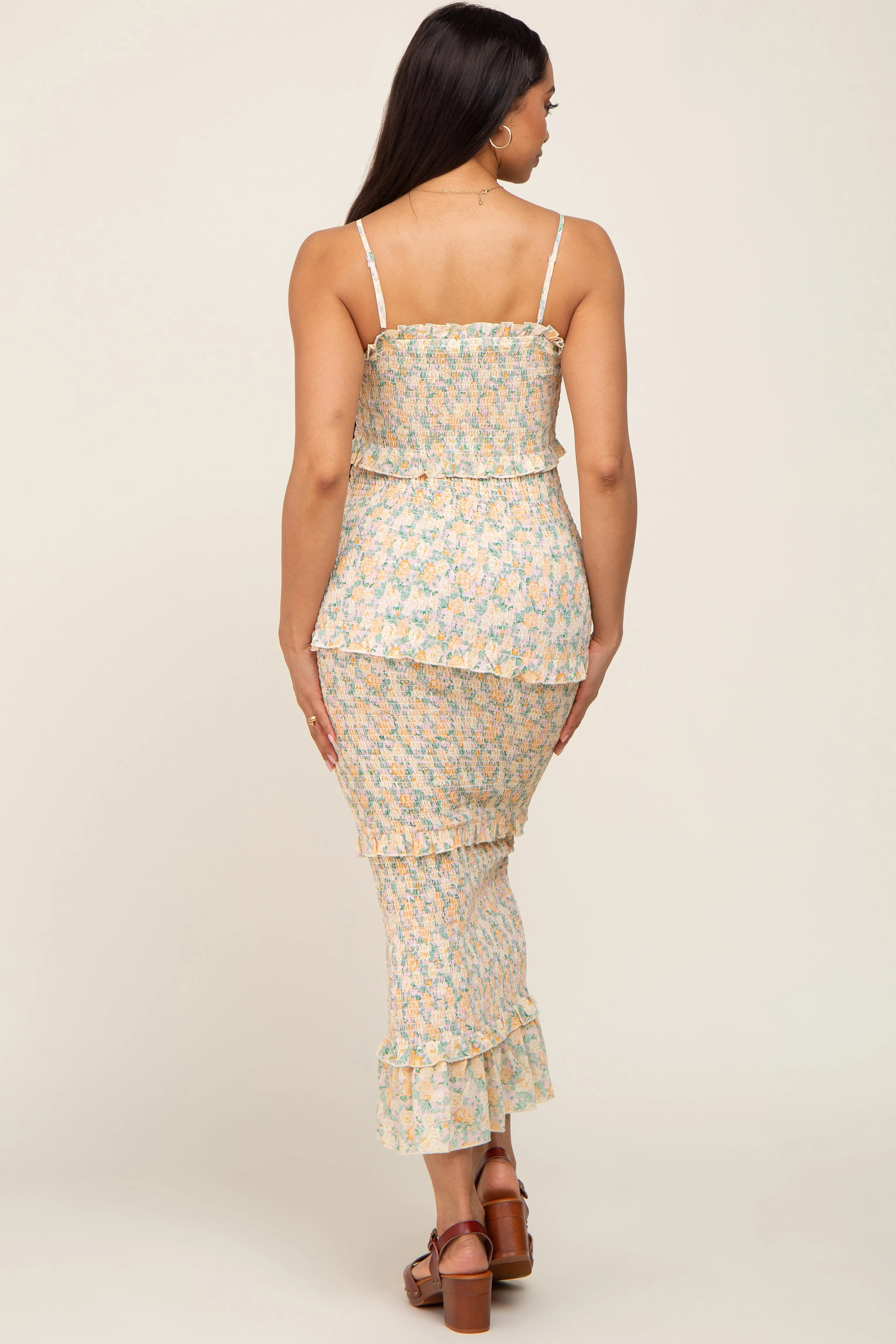 Pink Floral Chiffon Smocked Tiered Square Neck Midi Dress sold by Pinkblush product image thumbnail 3