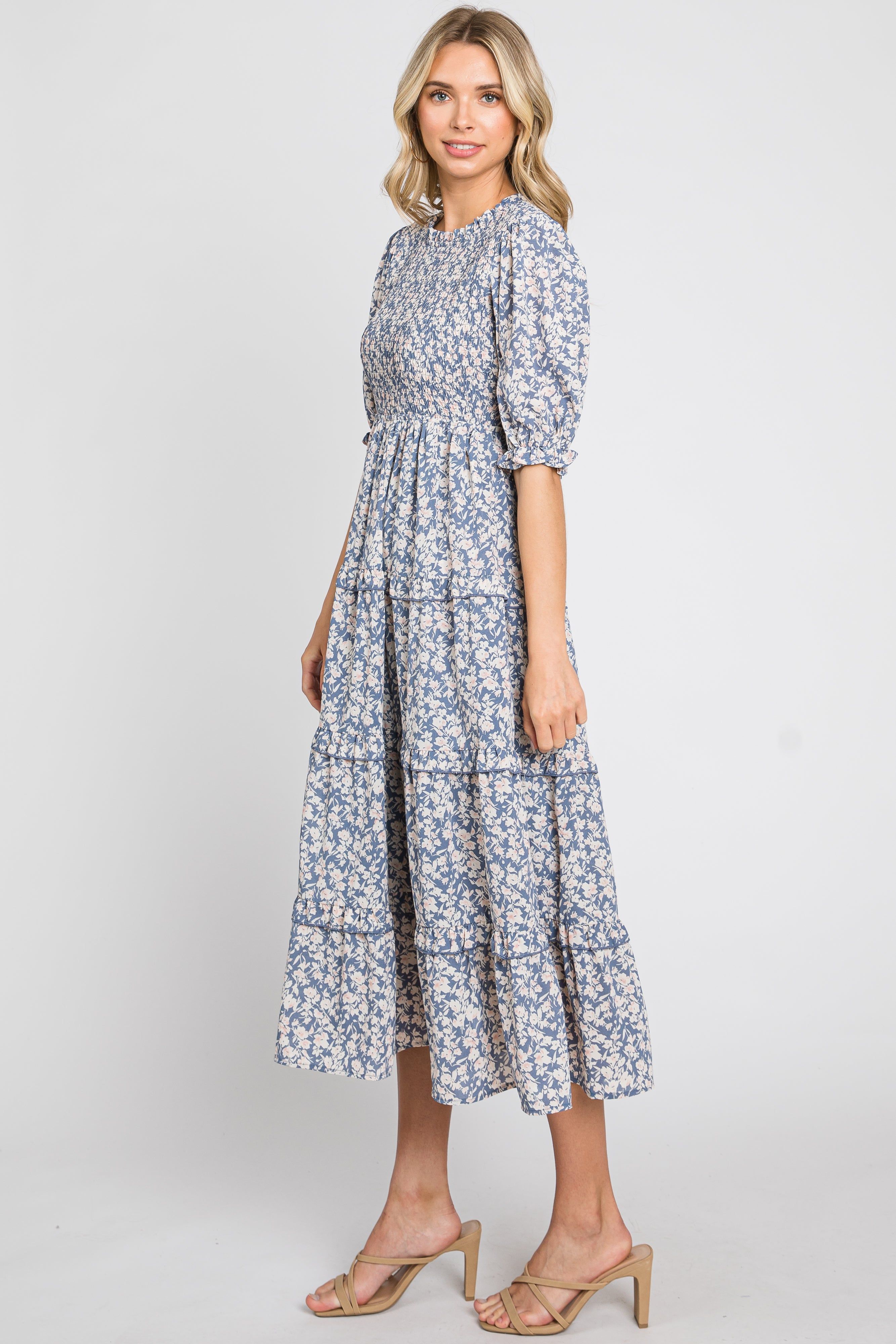 Blue Floral Smocked Tiered Midi Dress sold by Pinkblush product image thumbnail 2