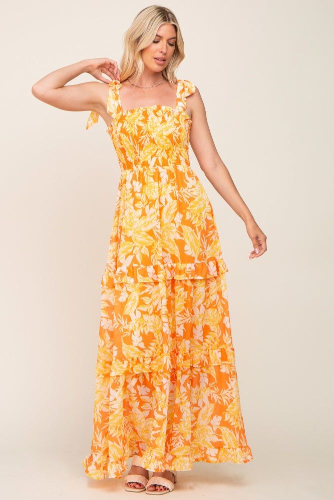 Yellow Leaf Print Shoulder Tie Tiered Dress sold by Pinkblush product image thumbnail 4