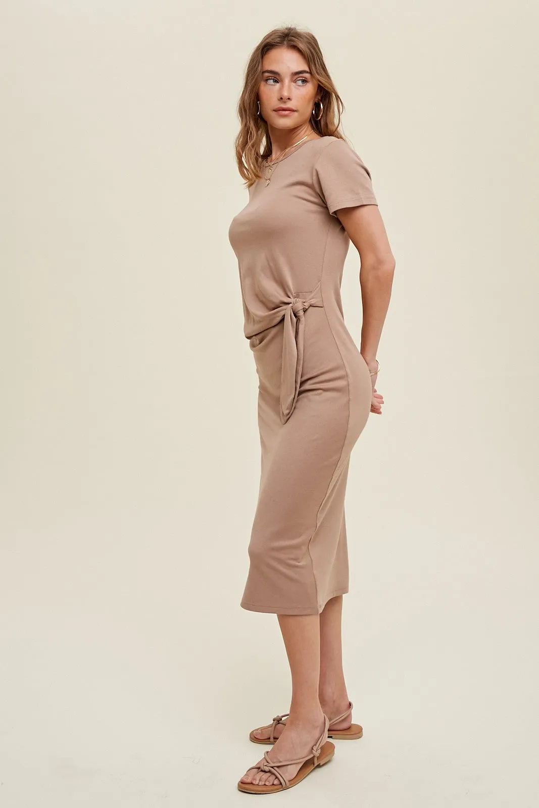 Mocha Side Tie Midi Dress sold by Pinkblush
