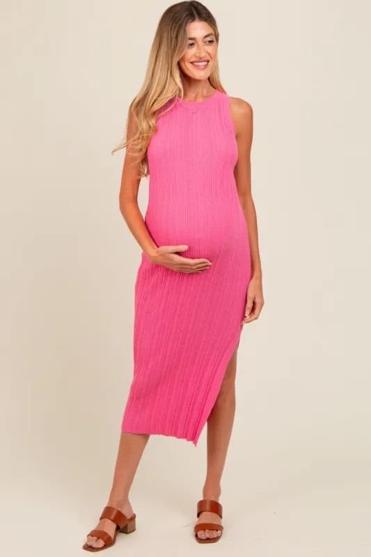 Pink Ribbed Side Slit Sleeveless Maternity Midi Dress sold by Pinkblush