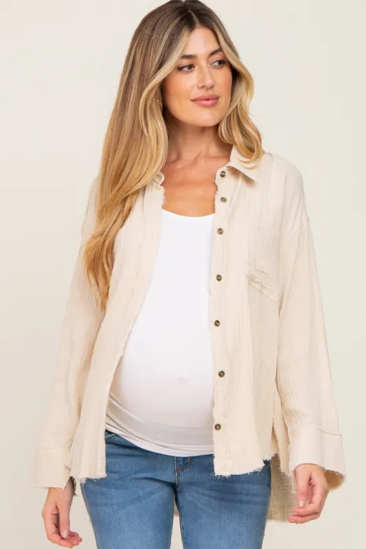 Cream Button Down Collared Frayed Maternity Top sold by Pinkblush