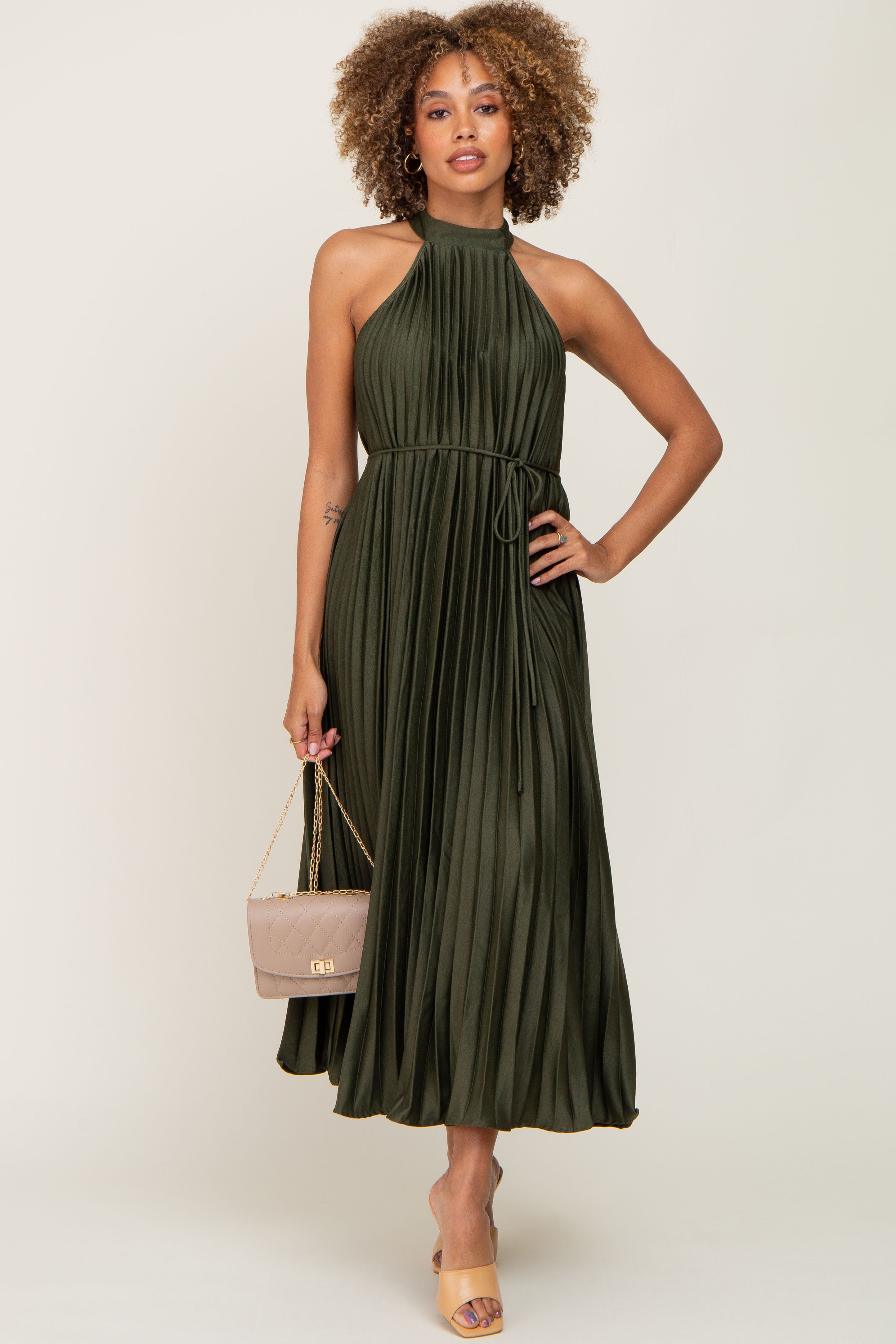 Olive Pleated Halter Dress sold by Pinkblush product image thumbnail 5