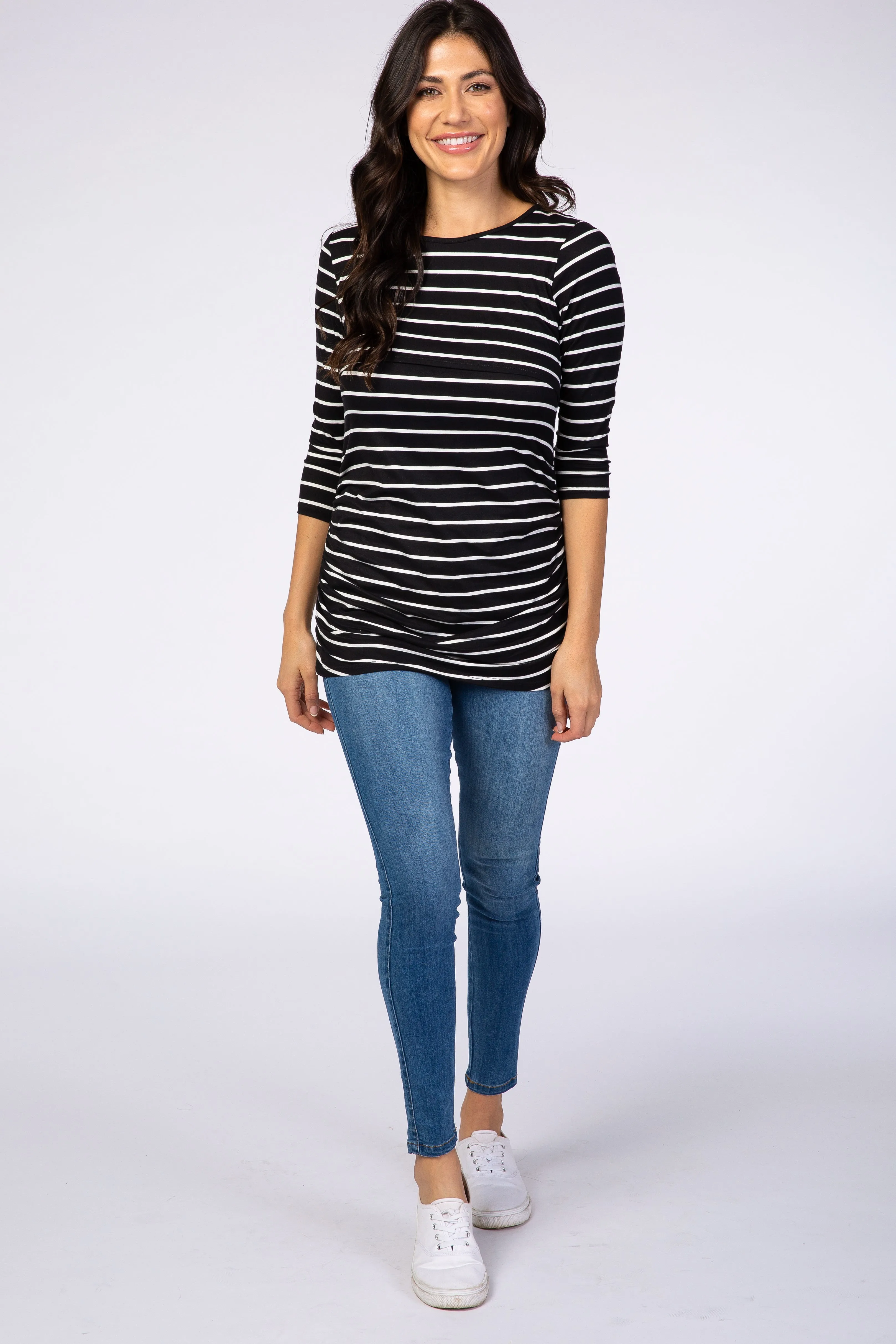 Black Striped 3/4 Sleeve Ruched Nursing Top sold by Pinkblush product image thumbnail 5