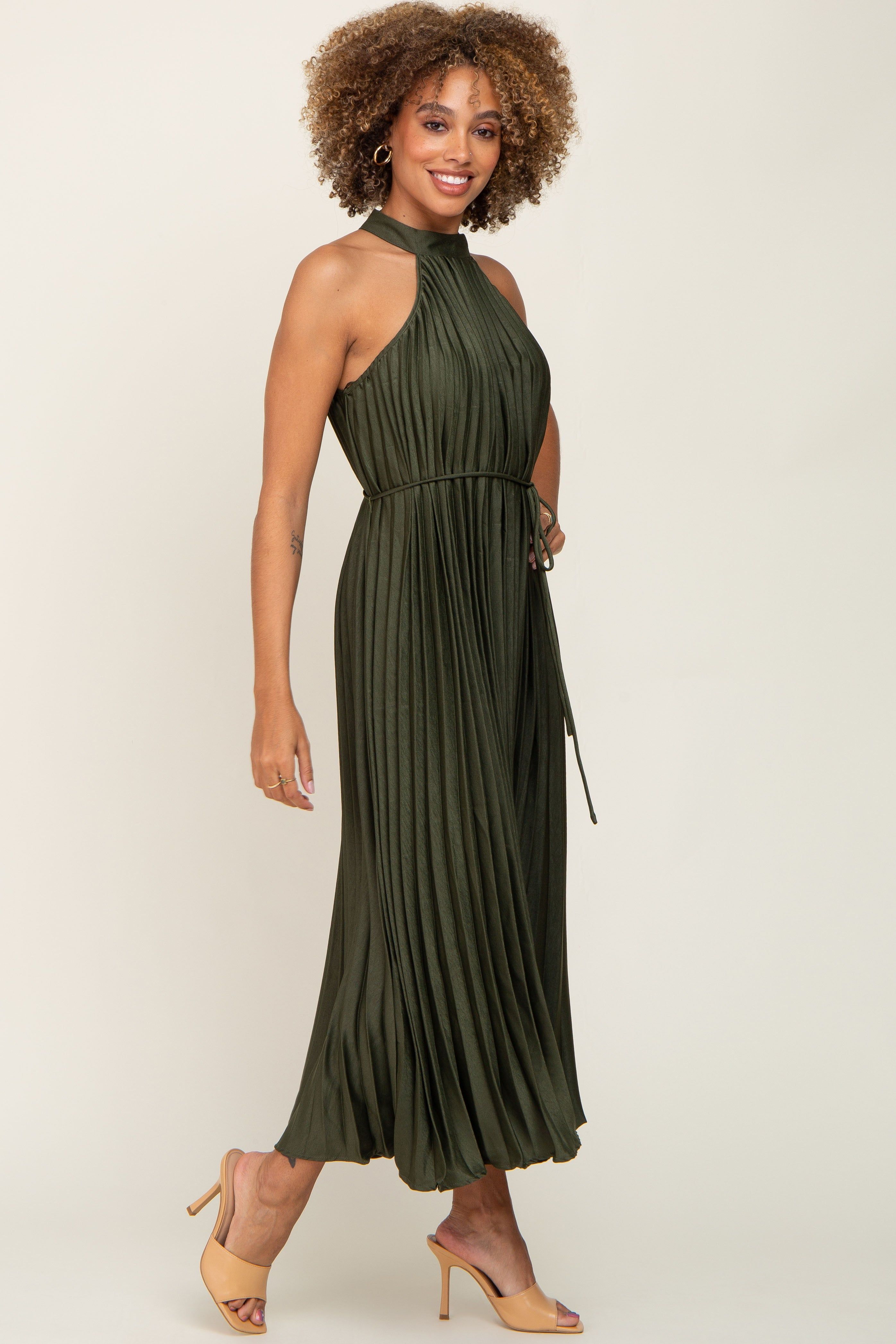 Olive Pleated Halter Dress sold by Pinkblush product image thumbnail 2