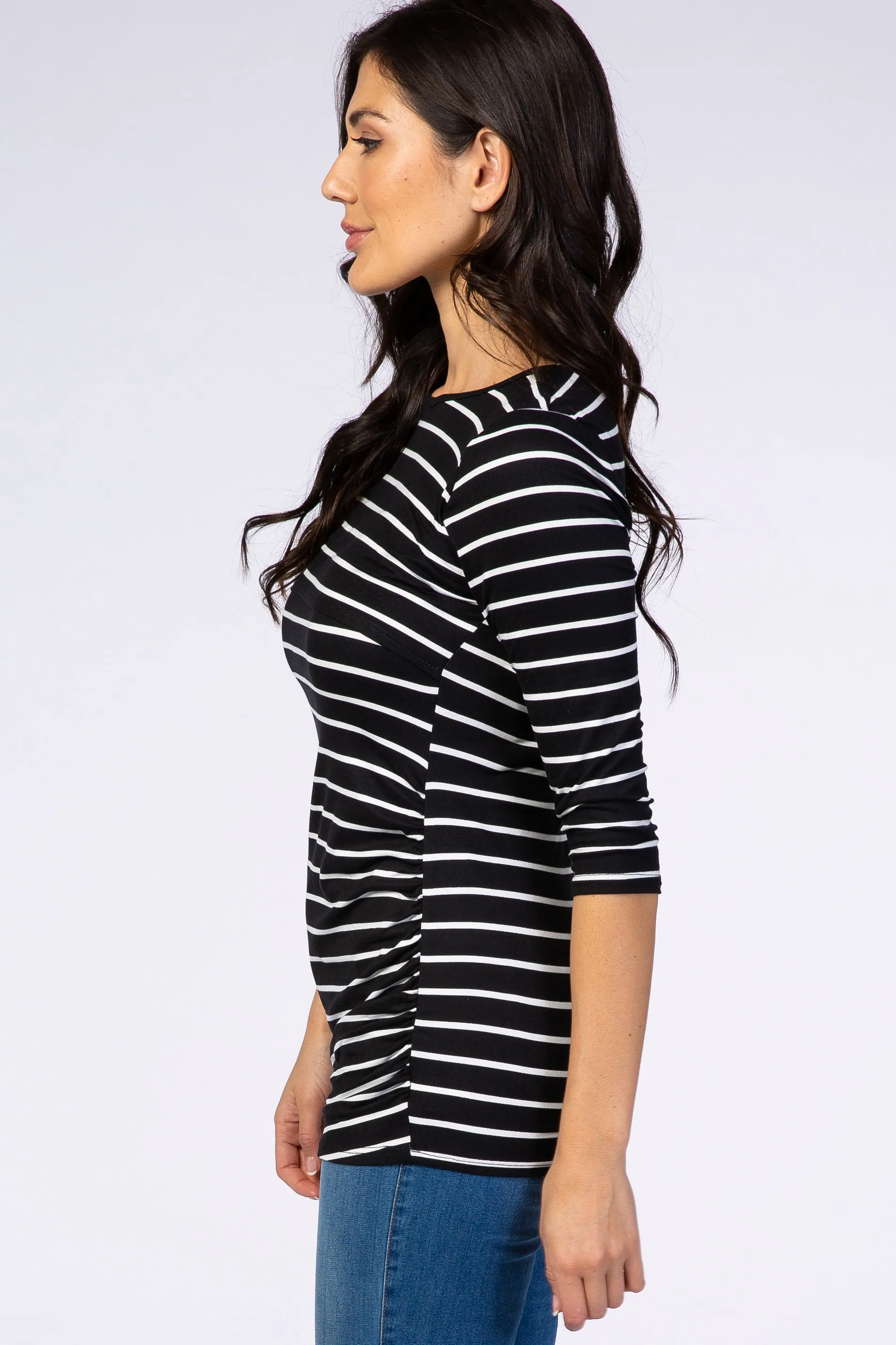 Black Striped 3/4 Sleeve Ruched Nursing Top sold by Pinkblush product image thumbnail 2