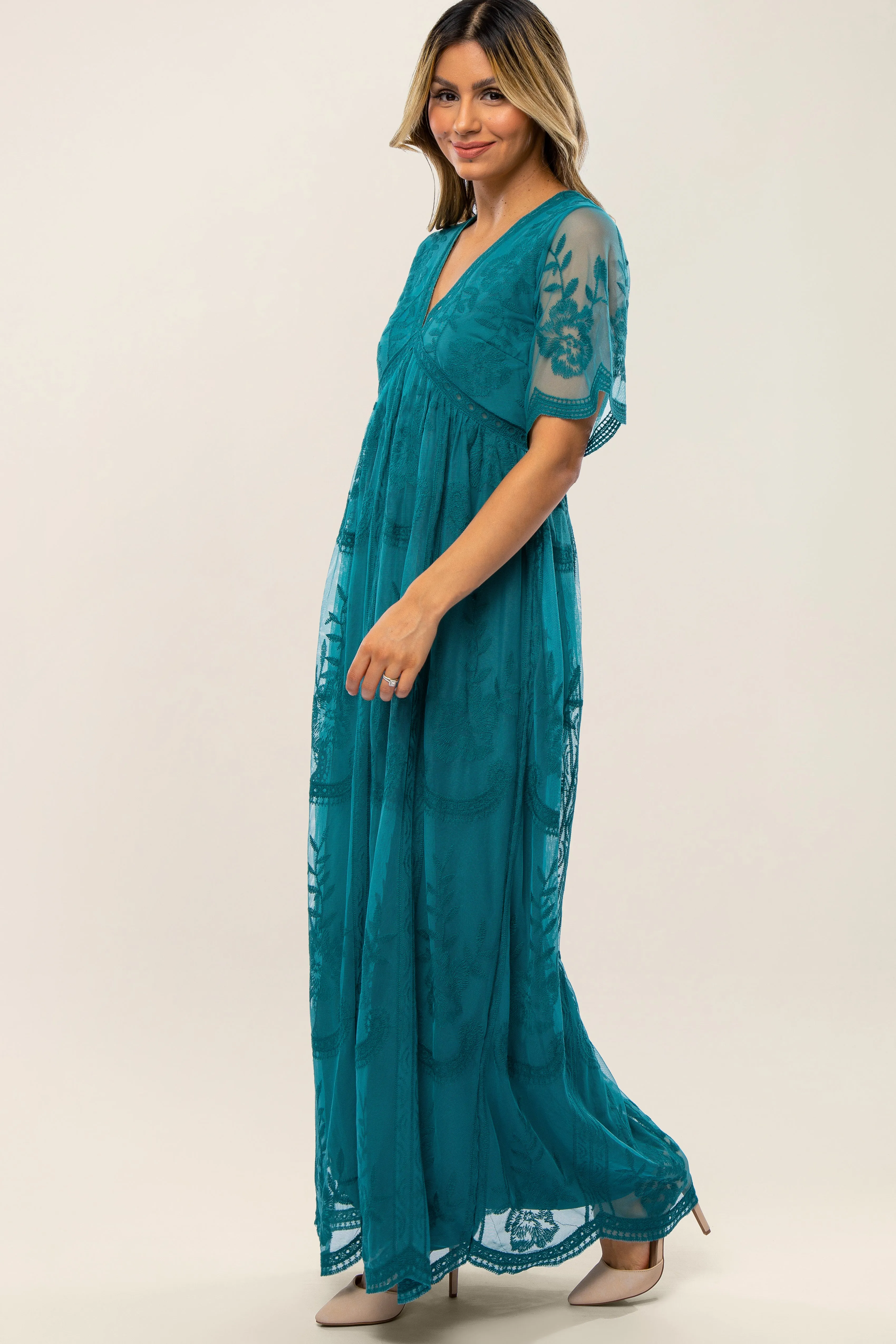 Teal Lace Mesh Overlay Maxi Dress sold by Pinkblush product image thumbnail 2