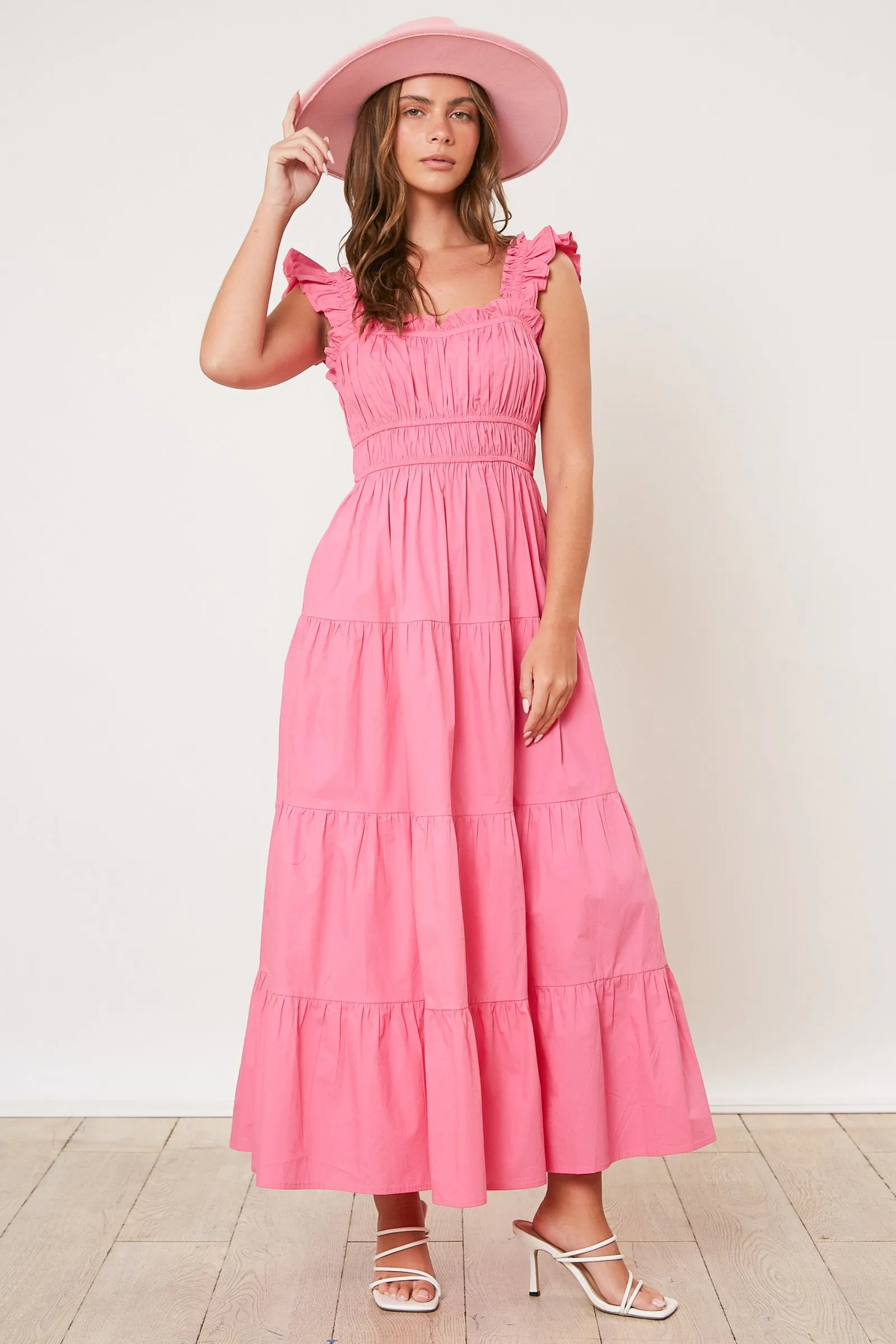 Pink Pleated Poplin Tiered Maxi Dress sold by Pinkblush