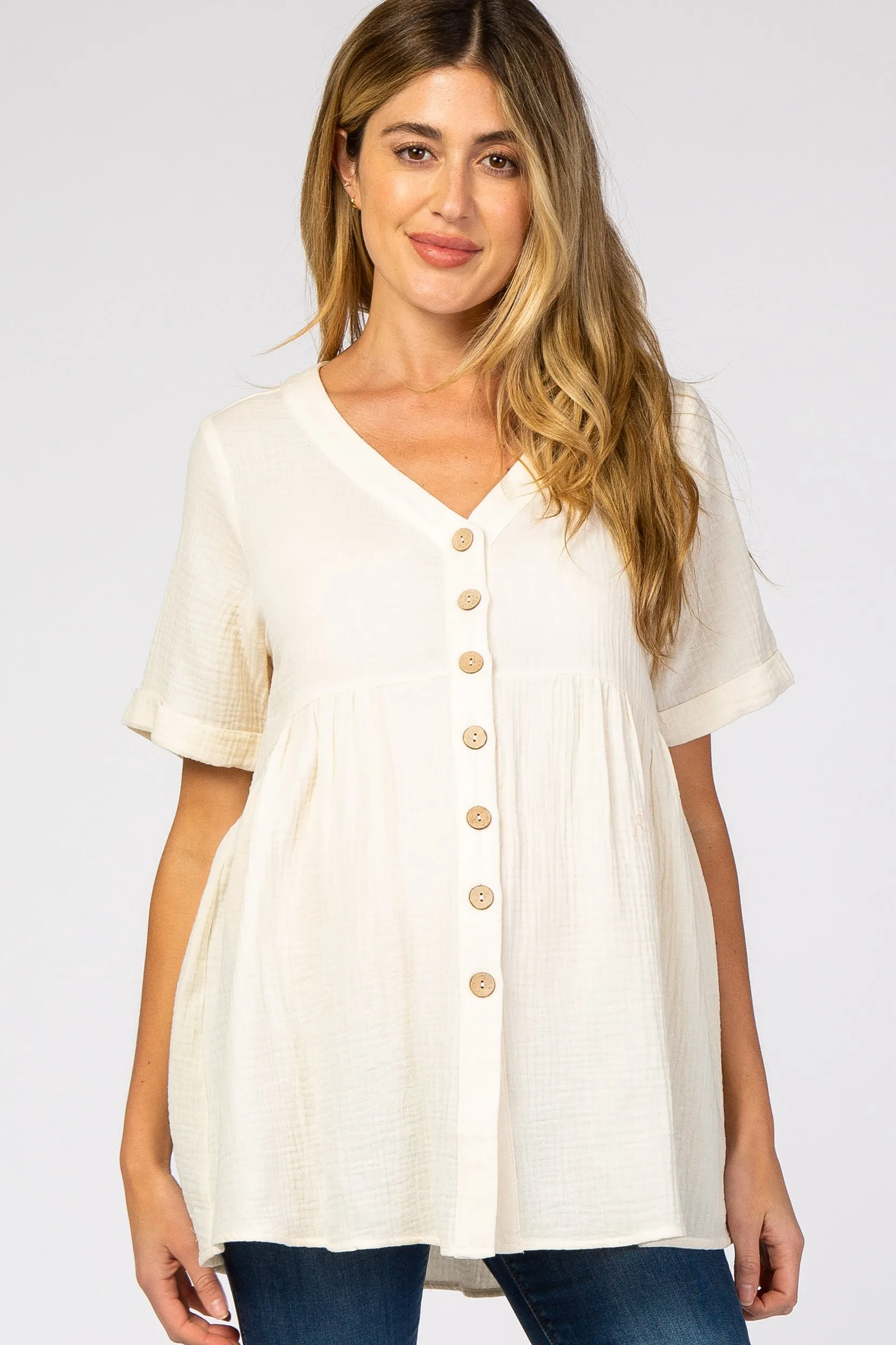 Ivory Soft Linen Button Front Maternity Top sold by Pinkblush