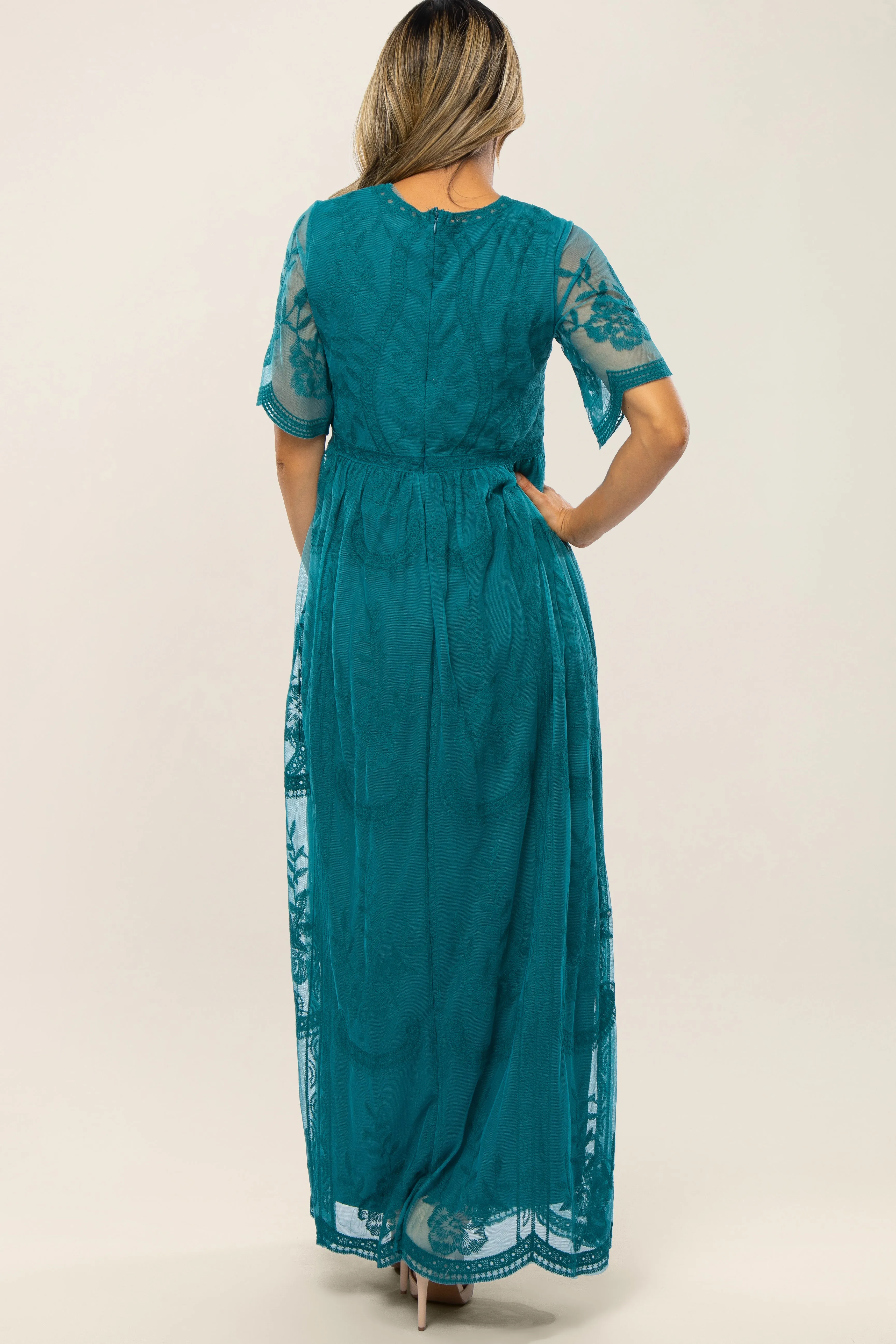 Teal Lace Mesh Overlay Maxi Dress sold by Pinkblush product image thumbnail 3